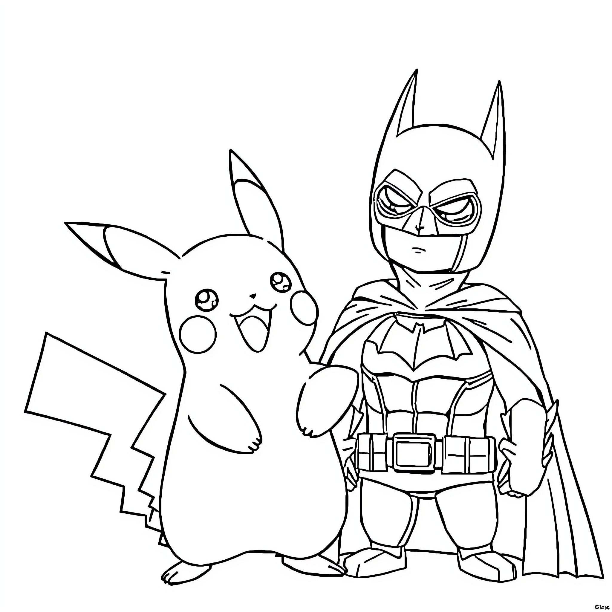 Pikachu and Batman Superhero Duo Coloring Page (free black-and-white line drawing printable PDF for all, from beginners to advanced learners, including children, teens, adults, and seniors)