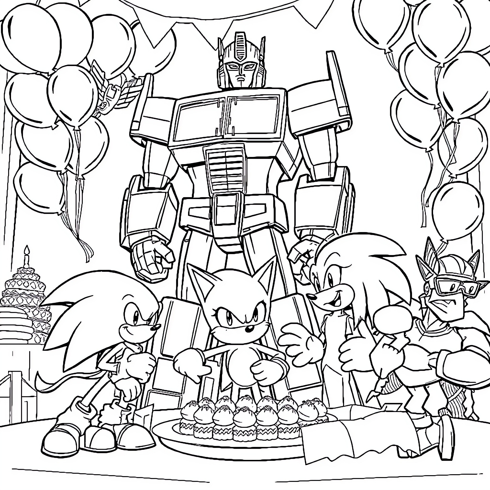 Transformer Party Celebration with Sonic Characters Coloring Page (free black-and-white line drawing printable PDF for all, from beginners to advanced learners, including children, teens, adults, and seniors)