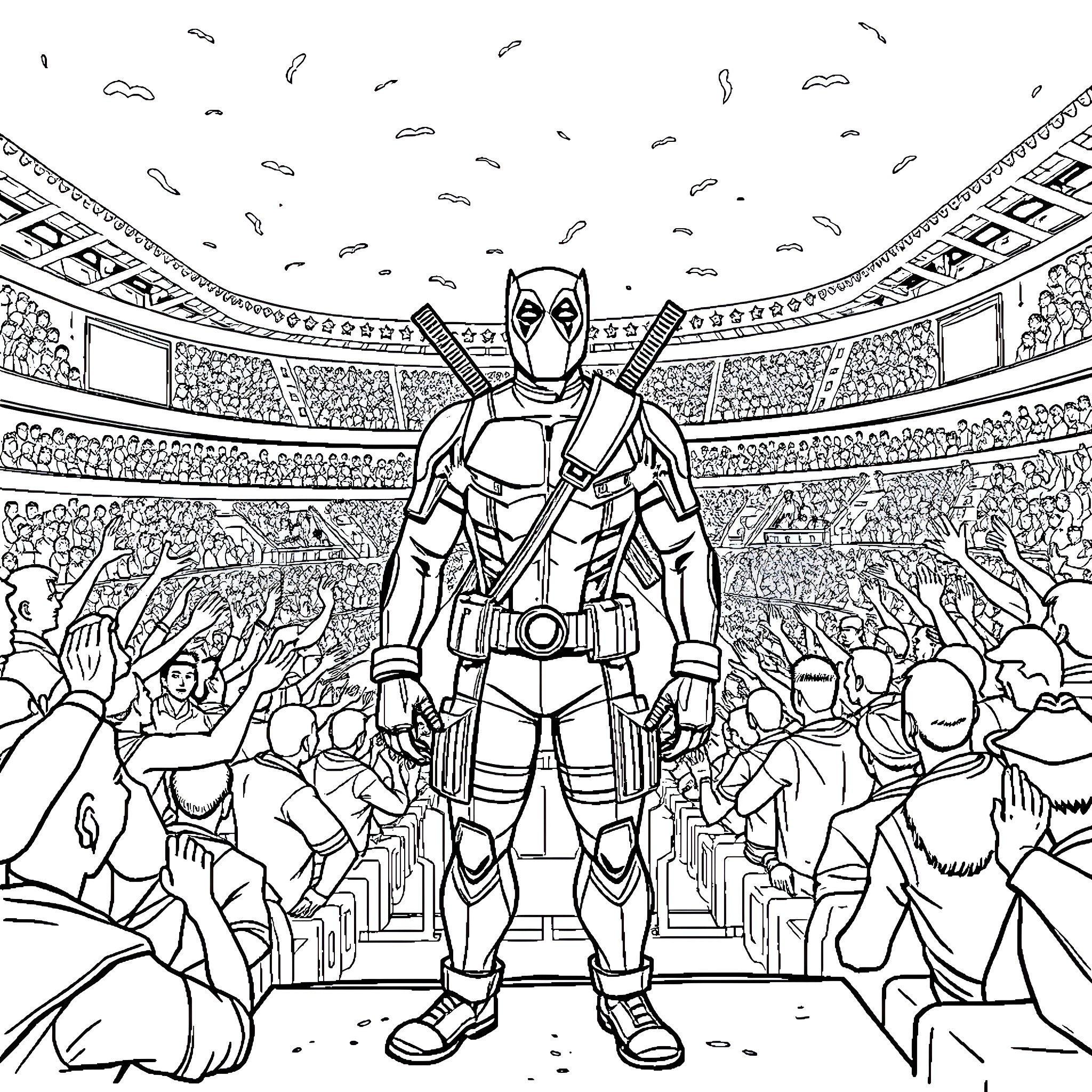 Deadpool Entertains the Crowd in an Action-Packed Stadium Coloring Page (free black-and-white line drawing printable PDF for all, from beginners to advanced learners, including children, teens, adults, and seniors)