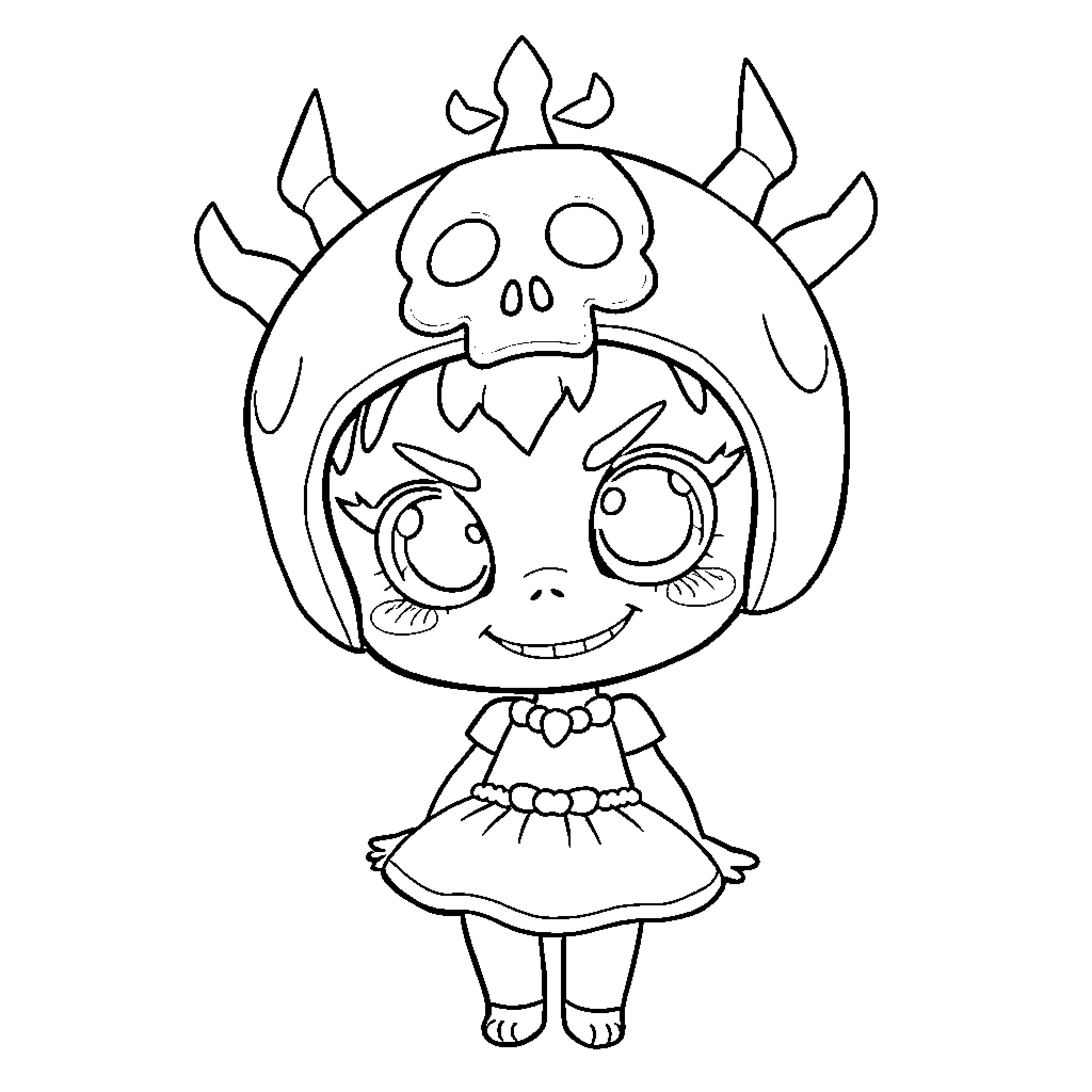 Kuromi cheerfully wearing a unique costume Coloring Page (free black-and-white line drawing printable PDF for all, from beginners to advanced learners, including children, teens, adults, and seniors)