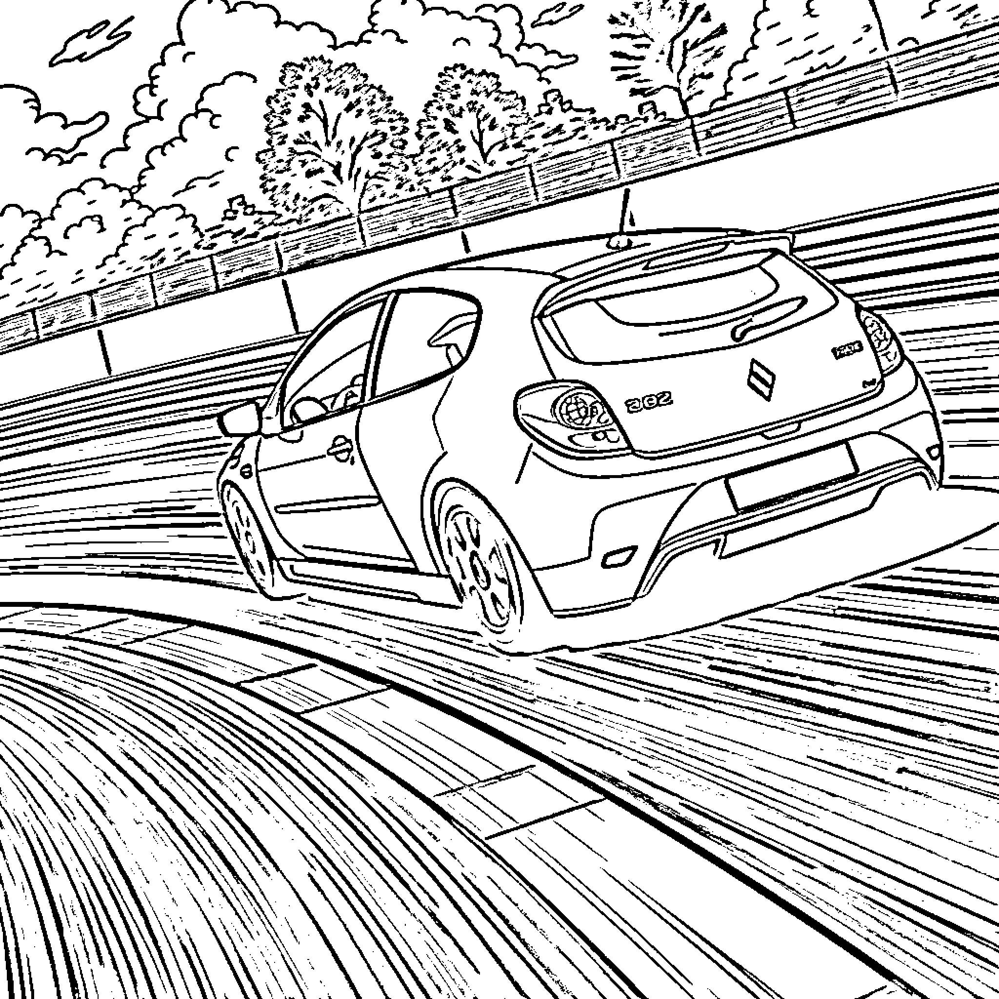 Clio Racing on Scenic Highway Coloring Page (free black-and-white line drawing printable PDF for all, from beginners to advanced learners, including children, teens, adults, and seniors)
