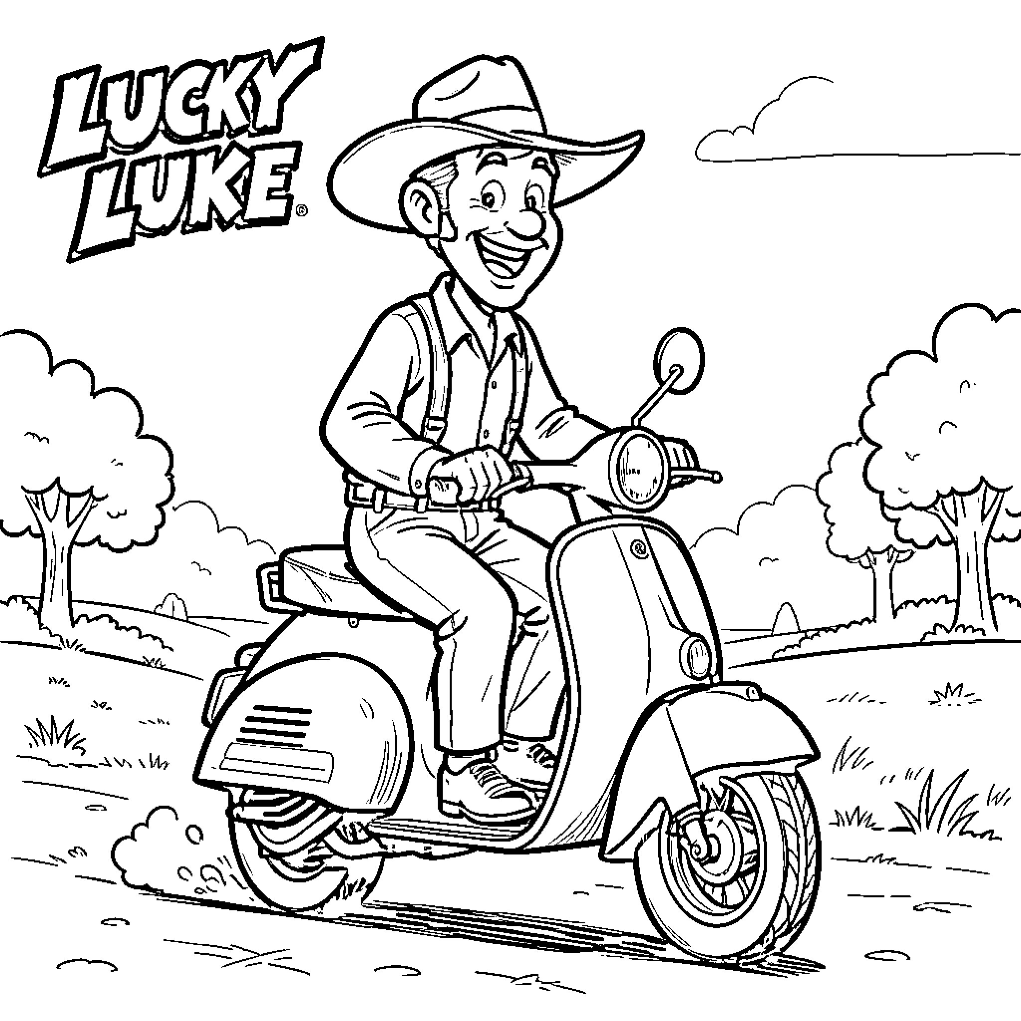 Lucky Luke smiling while riding a motorized scooter Coloring Page (free black-and-white line drawing printable PDF for all, from beginners to advanced learners, including children, teens, adults, and seniors)