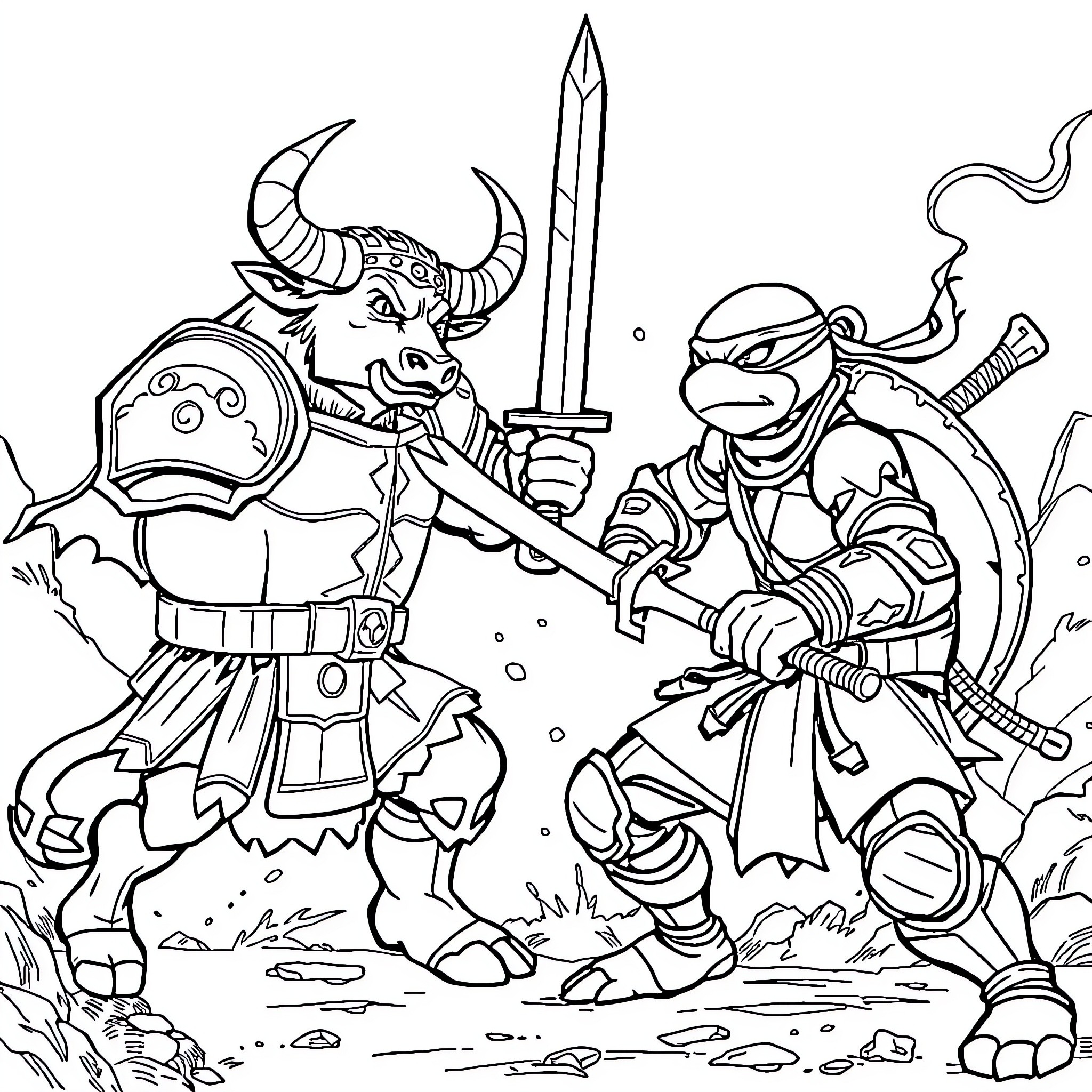 Bull Warrior Battling Ninja Turtle in Epic Clash Coloring Page (free black-and-white line drawing printable PDF for all, from beginners to advanced learners, including children, teens, adults, and seniors)