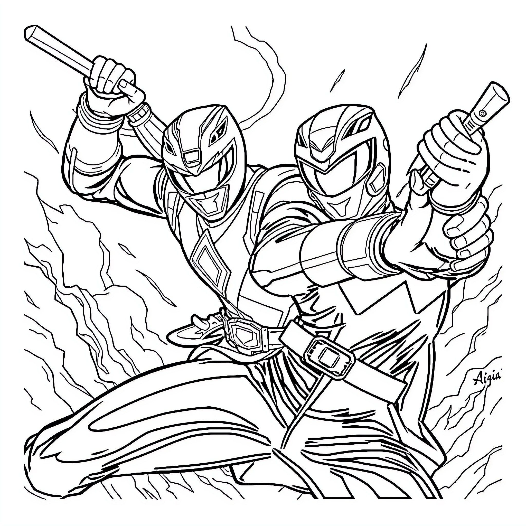 Power Rangers in Action, Heroically Battling Coloring Page (free black-and-white line drawing printable PDF for all, from beginners to advanced learners, including children, teens, adults, and seniors)