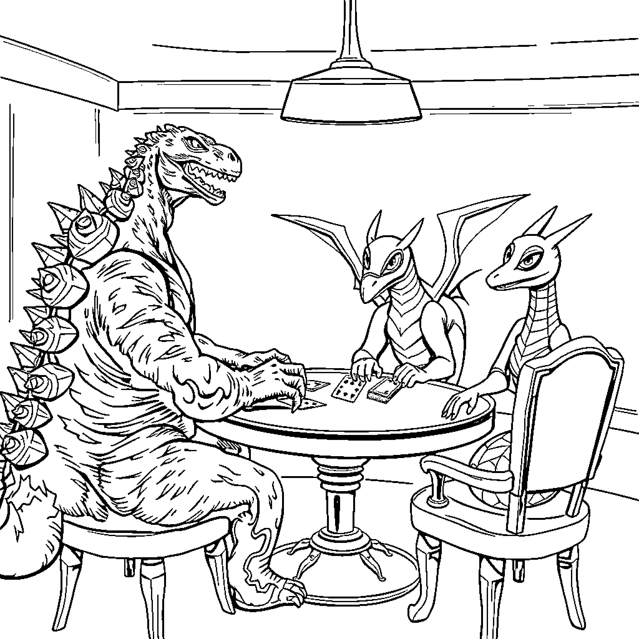 Godzilla and dragon-like creatures having a discussion Coloring Page (free black-and-white line drawing printable PDF for all, from beginners to advanced learners, including children, teens, adults, and seniors)