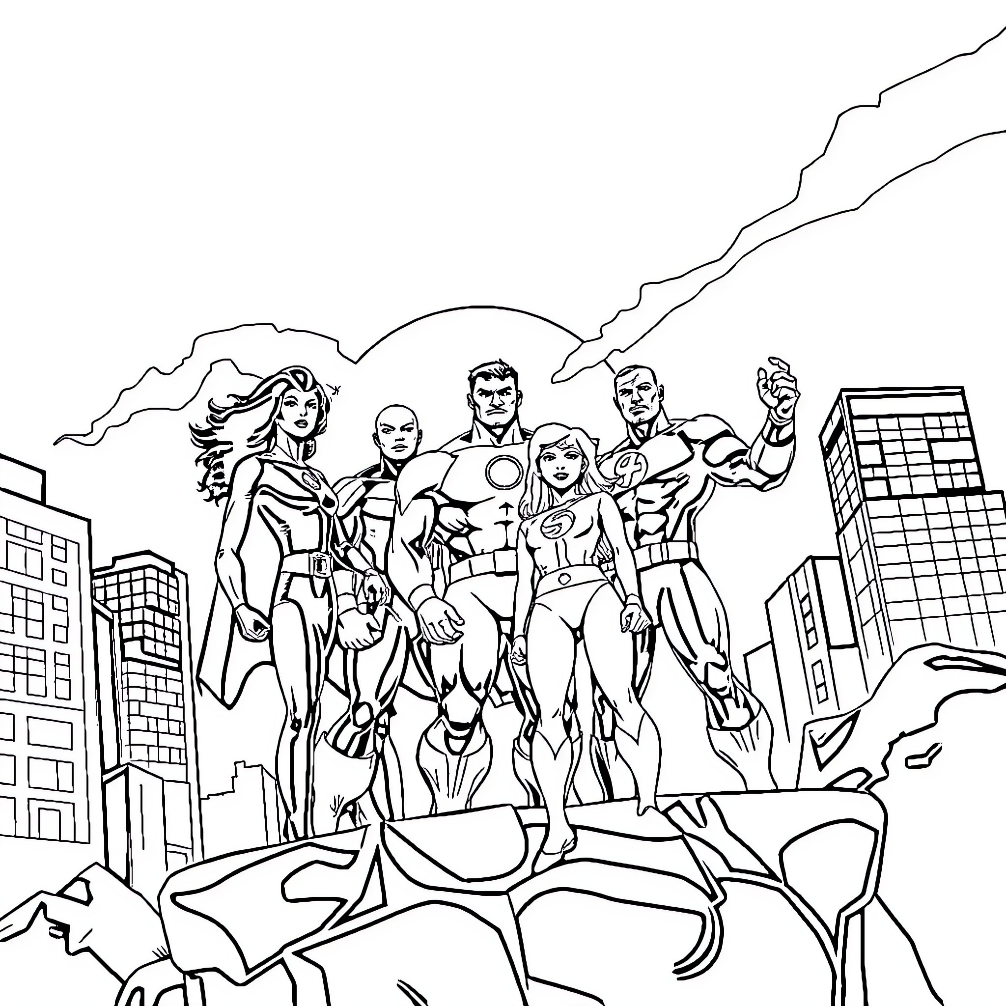 Fantastic Four heroic team defending the city Coloring Page (free black-and-white line drawing printable PDF for all, from beginners to advanced learners, including children, teens, adults, and seniors)
