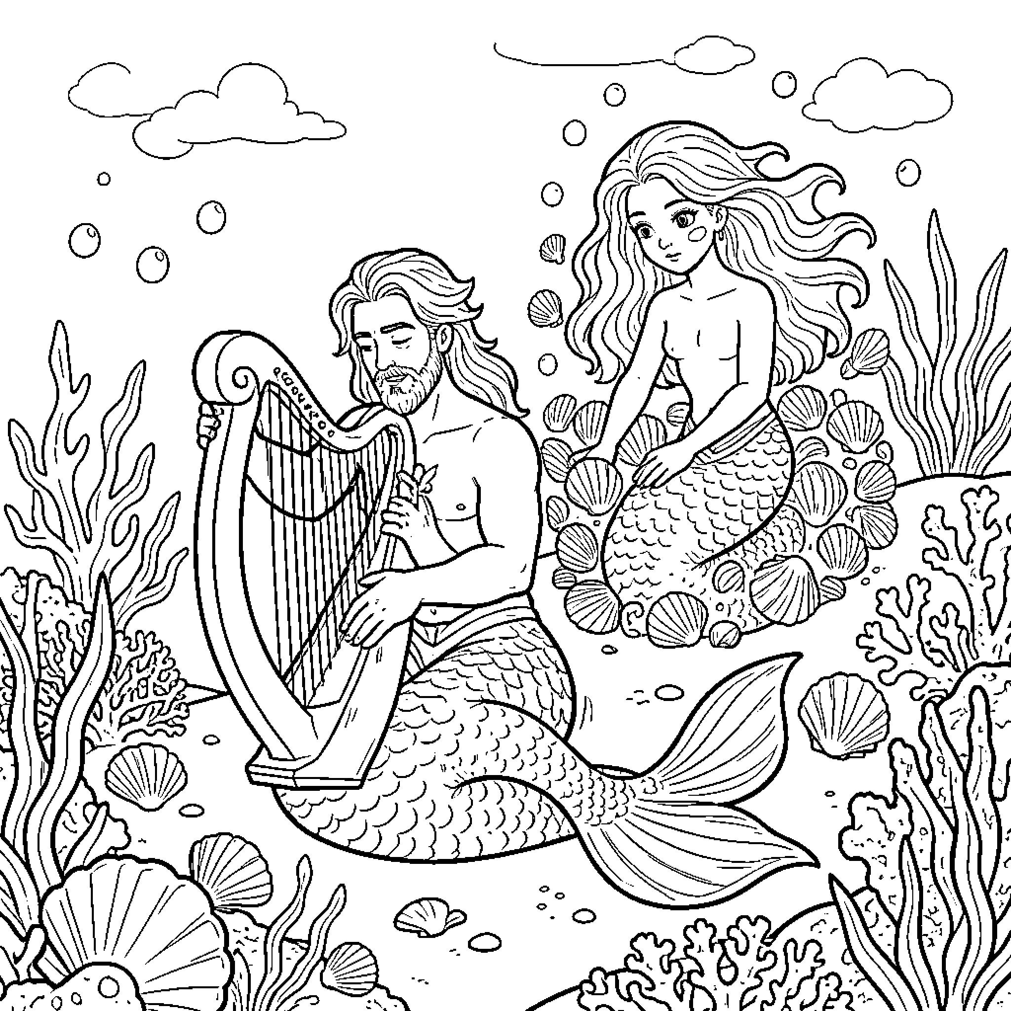 Sireno merman playing a harp near a mermaid Coloring Page (free black-and-white line drawing printable PDF for all, from beginners to advanced learners, including children, teens, adults, and seniors)