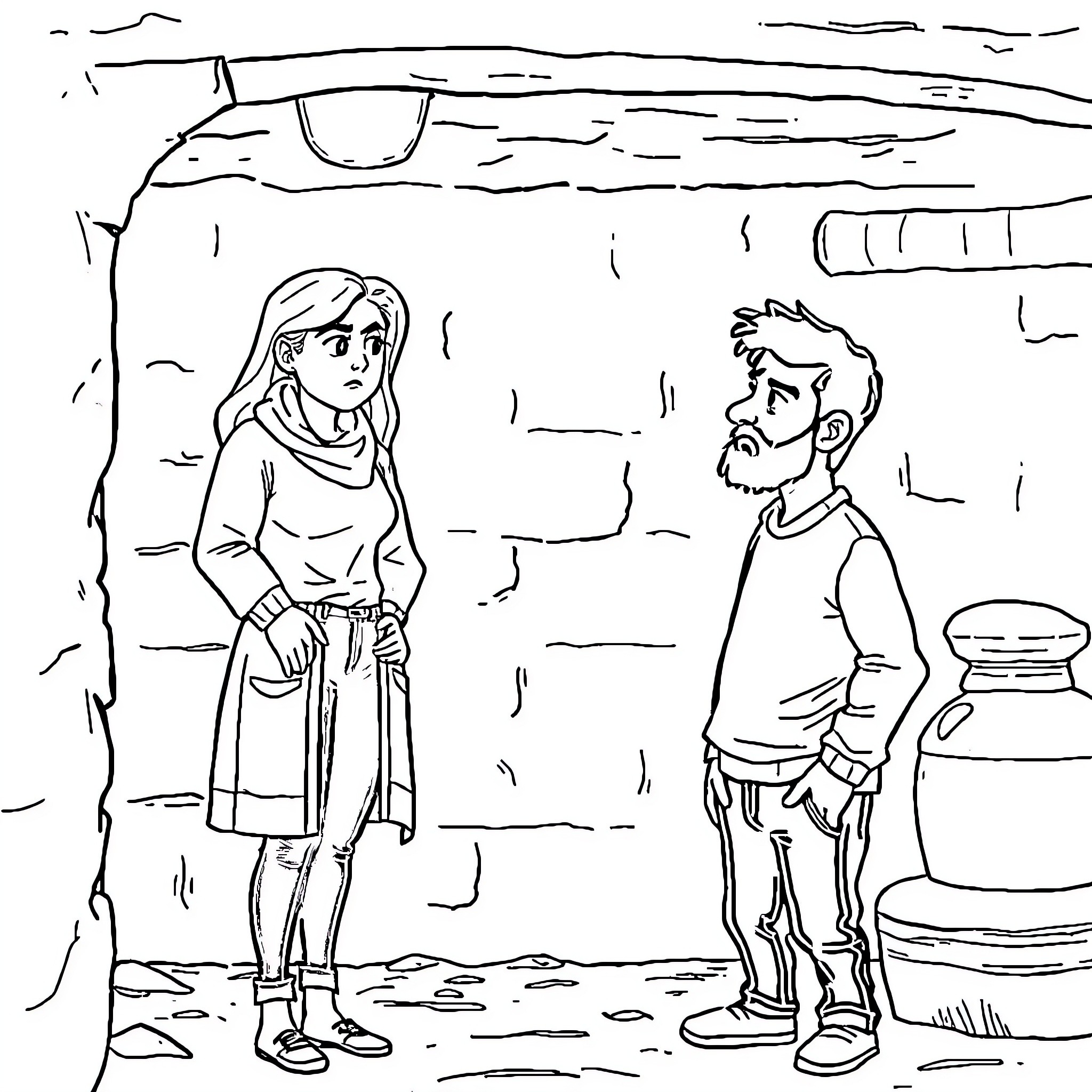 Maria and the man have a serious conversation Coloring Page (free black-and-white line drawing printable PDF for all, from beginners to advanced learners, including children, teens, adults, and seniors)