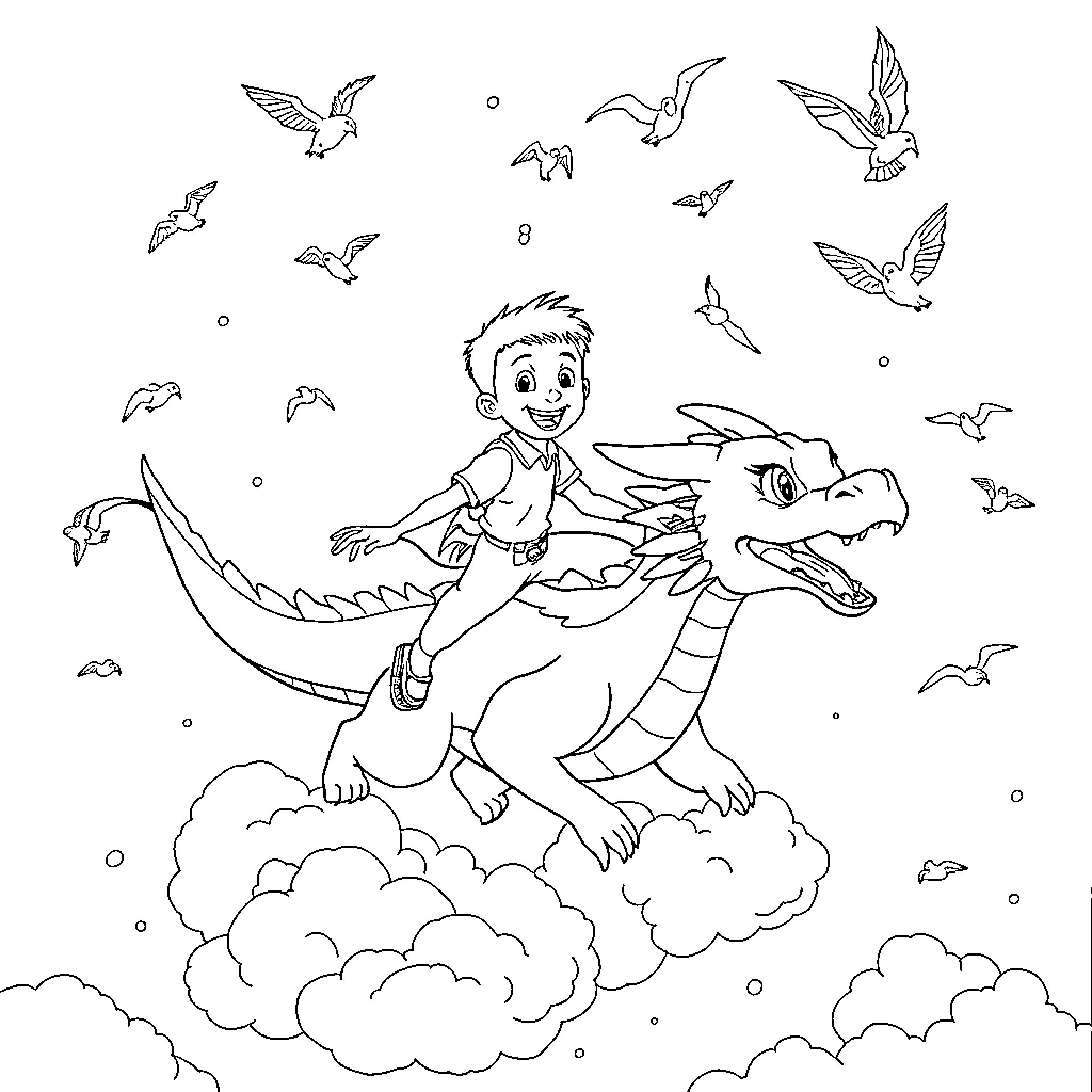 Boy riding a dragon through the sky Coloring Page (free black-and-white line drawing printable PDF for all, from beginners to advanced learners, including children, teens, adults, and seniors)