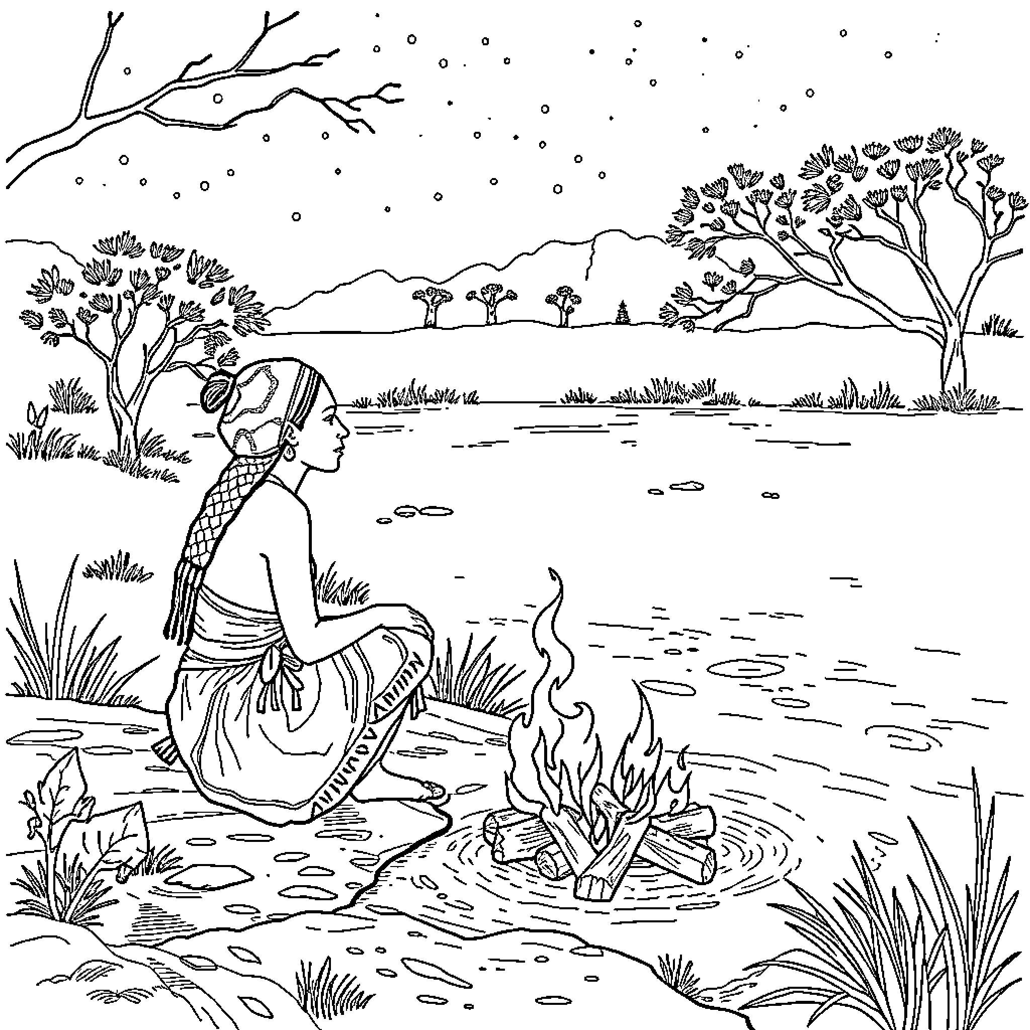 Woman sitting by the campfire in nature Coloring Page (free black-and-white line drawing printable PDF for all, from beginners to advanced learners, including children, teens, adults, and seniors)