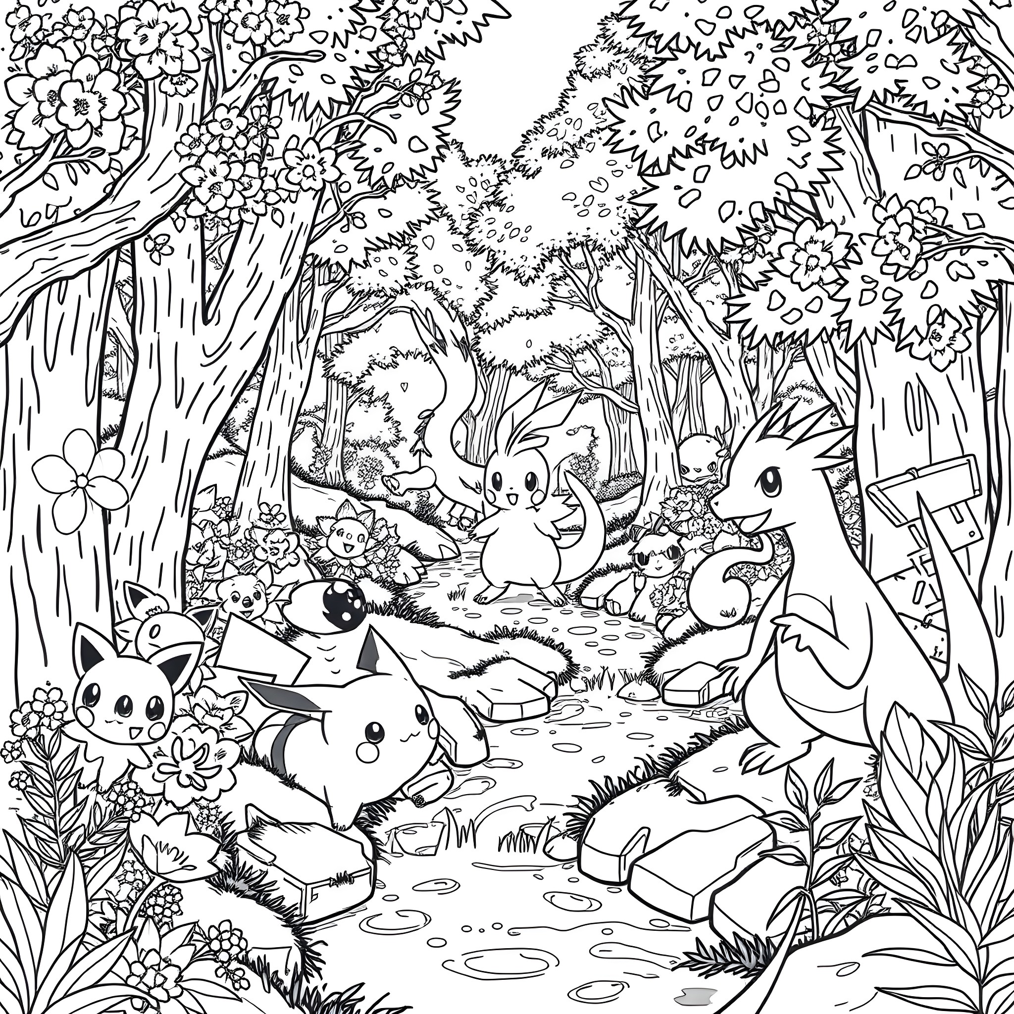 Pokémon characters playing in the forest Coloring Page (free black-and-white line drawing printable PDF for all, from beginners to advanced learners, including children, teens, adults, and seniors)