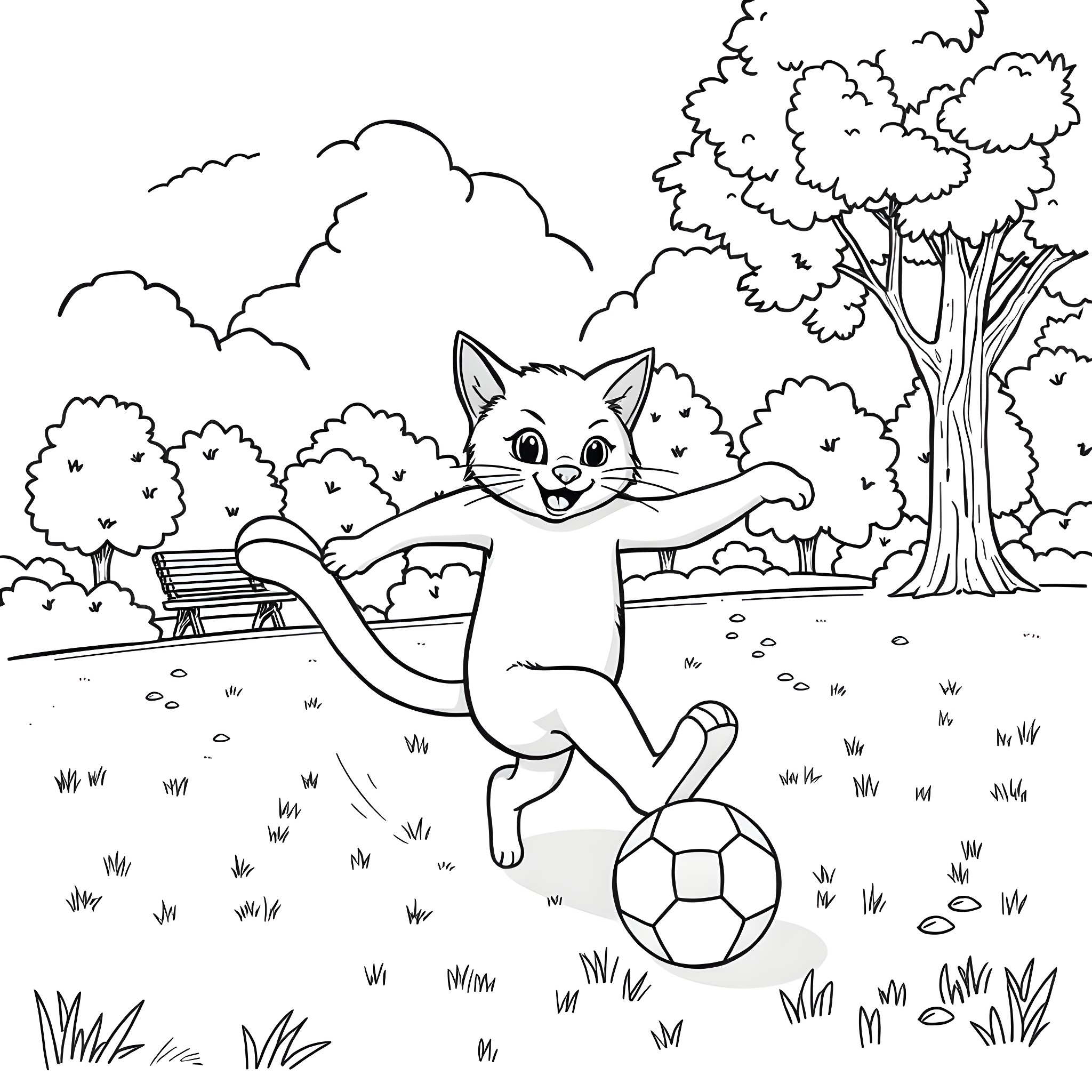 Cat playing with soccer ball in park Coloring Page (free black-and-white line drawing printable PDF for all, from beginners to advanced learners, including children, teens, adults, and seniors)