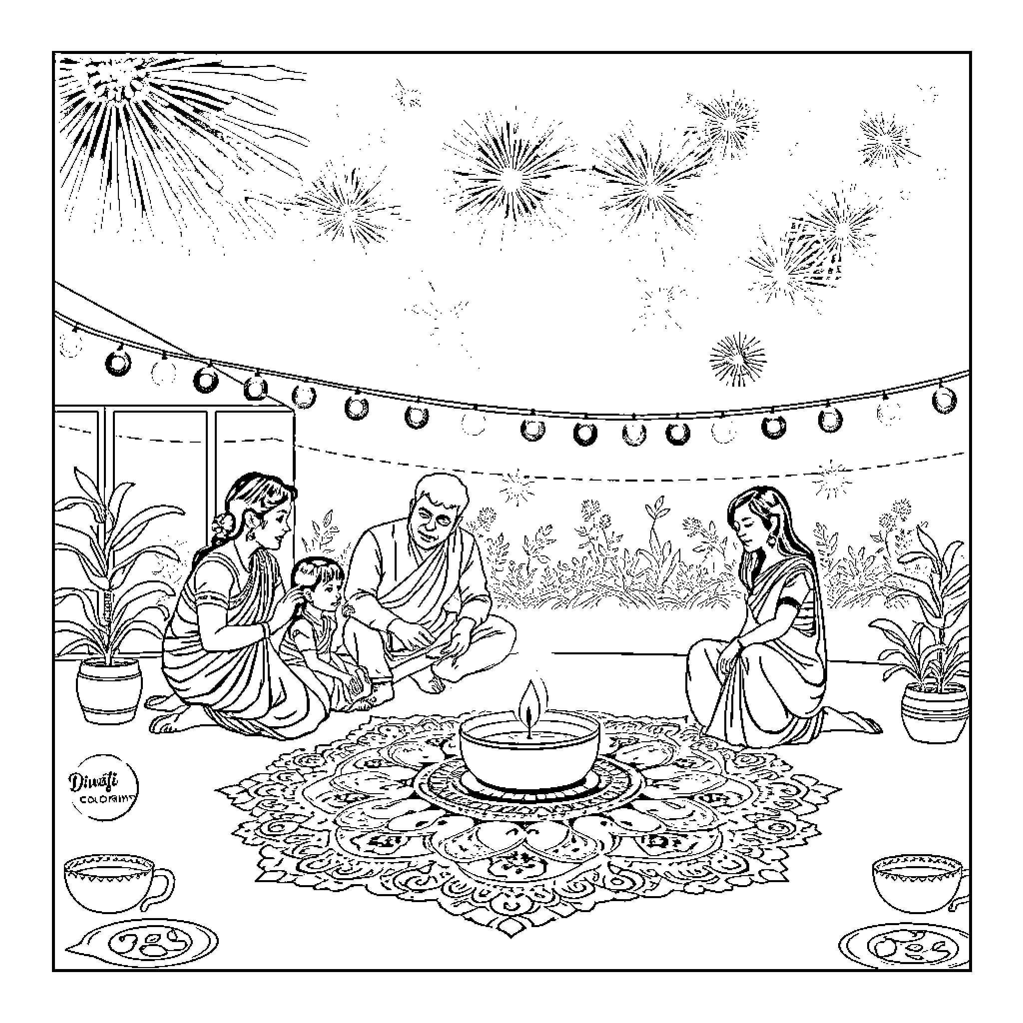 Diwali celebration with family and fireworks Coloring Page (free black-and-white line drawing printable PDF for all, from beginners to advanced learners, including children, teens, adults, and seniors)