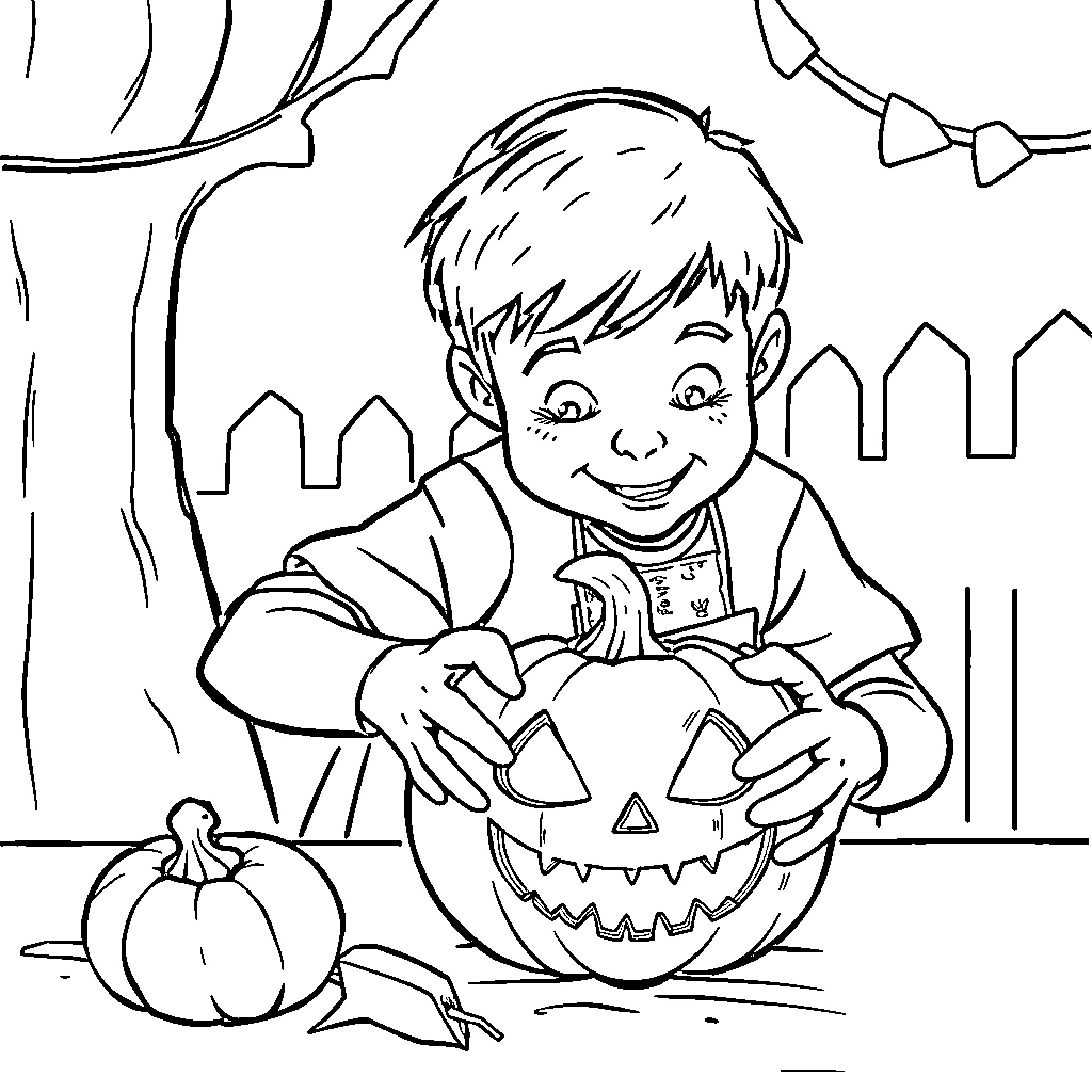 Pumpkin Carving Fun with a Young Boy Coloring Page (free black-and-white line drawing printable PDF for all, from beginners to advanced learners, including children, teens, adults, and seniors)