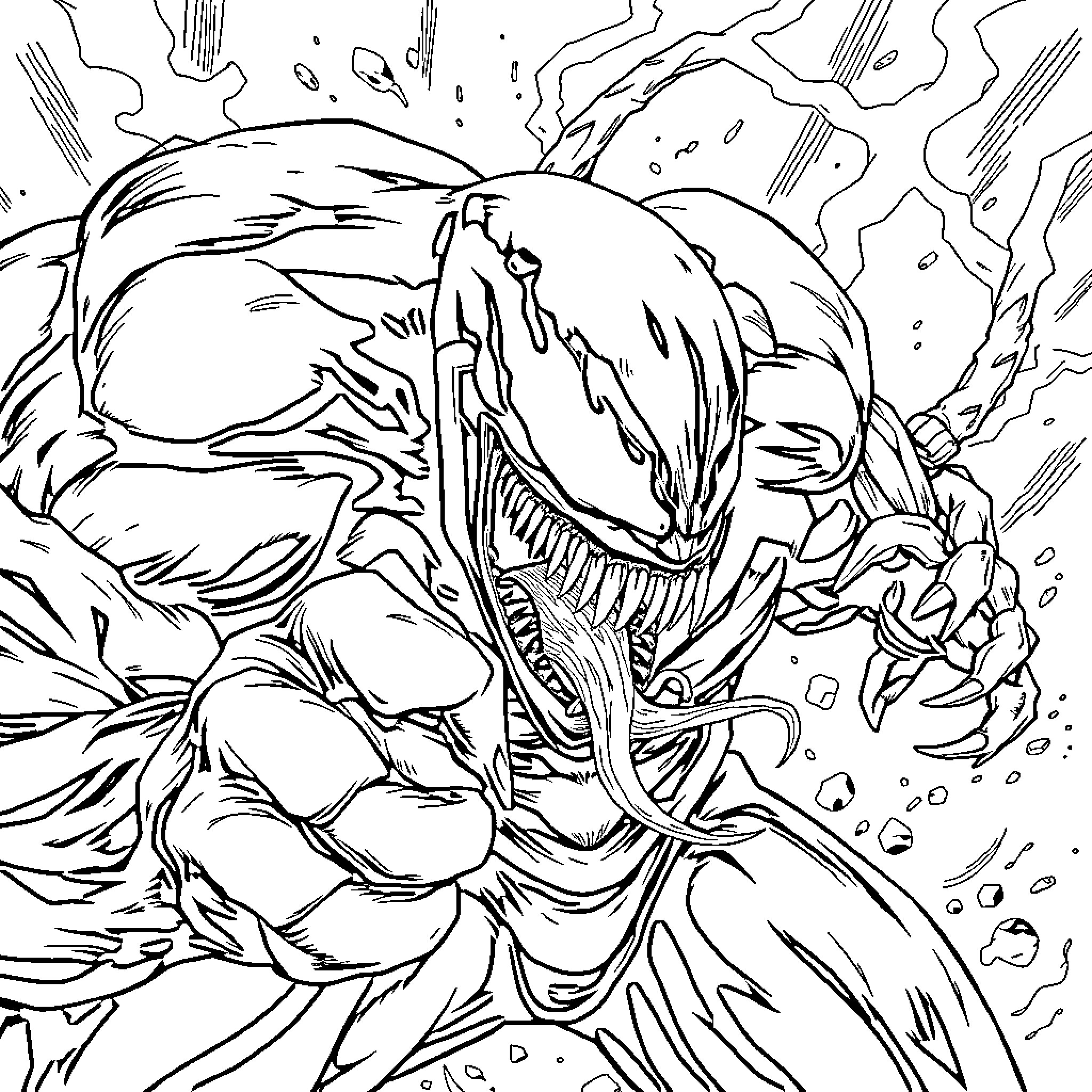 Venom's Fearsome Transformation Coloring Page (free black-and-white line drawing printable PDF for all, from beginners to advanced learners, including children, teens, adults, and seniors)
