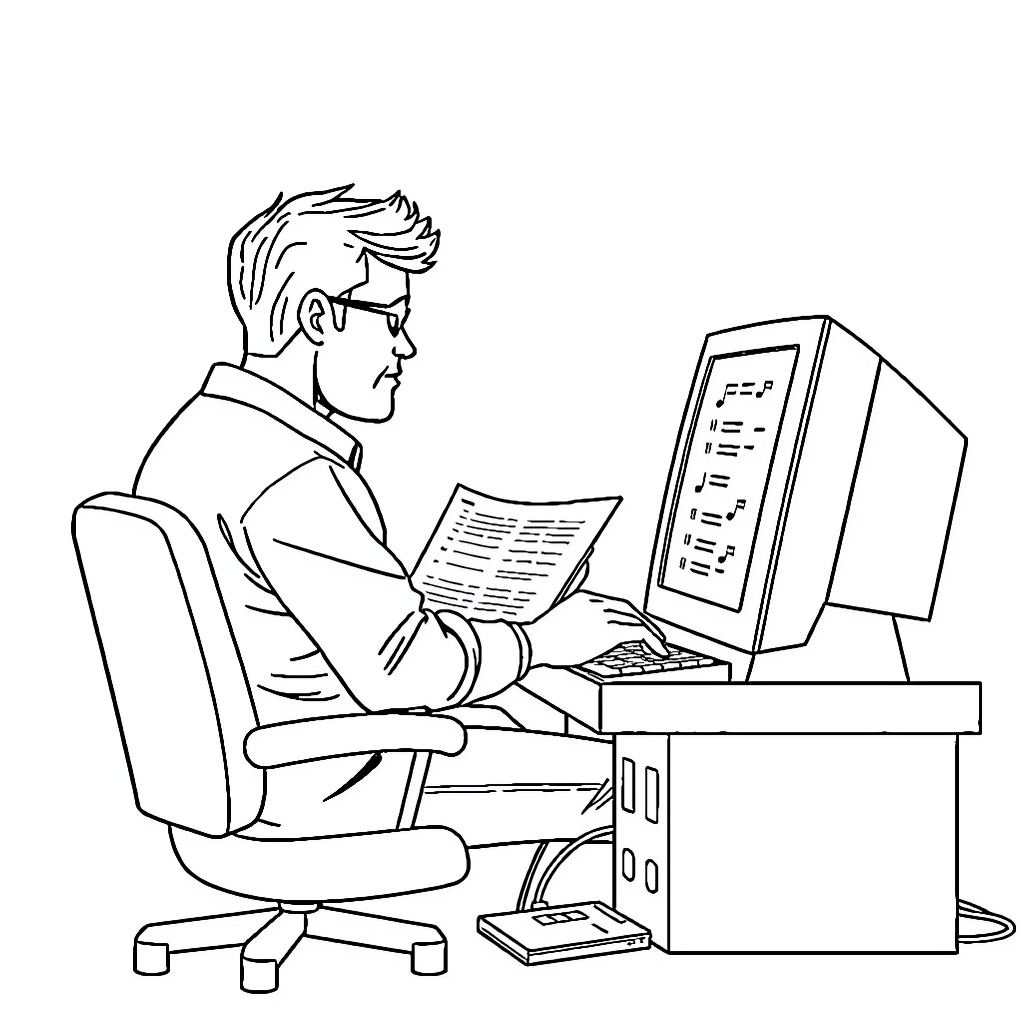 Cantante reviewing script at desktop computer Coloring Page (free black-and-white line drawing printable PDF for all, from beginners to advanced learners, including children, teens, adults, and seniors)