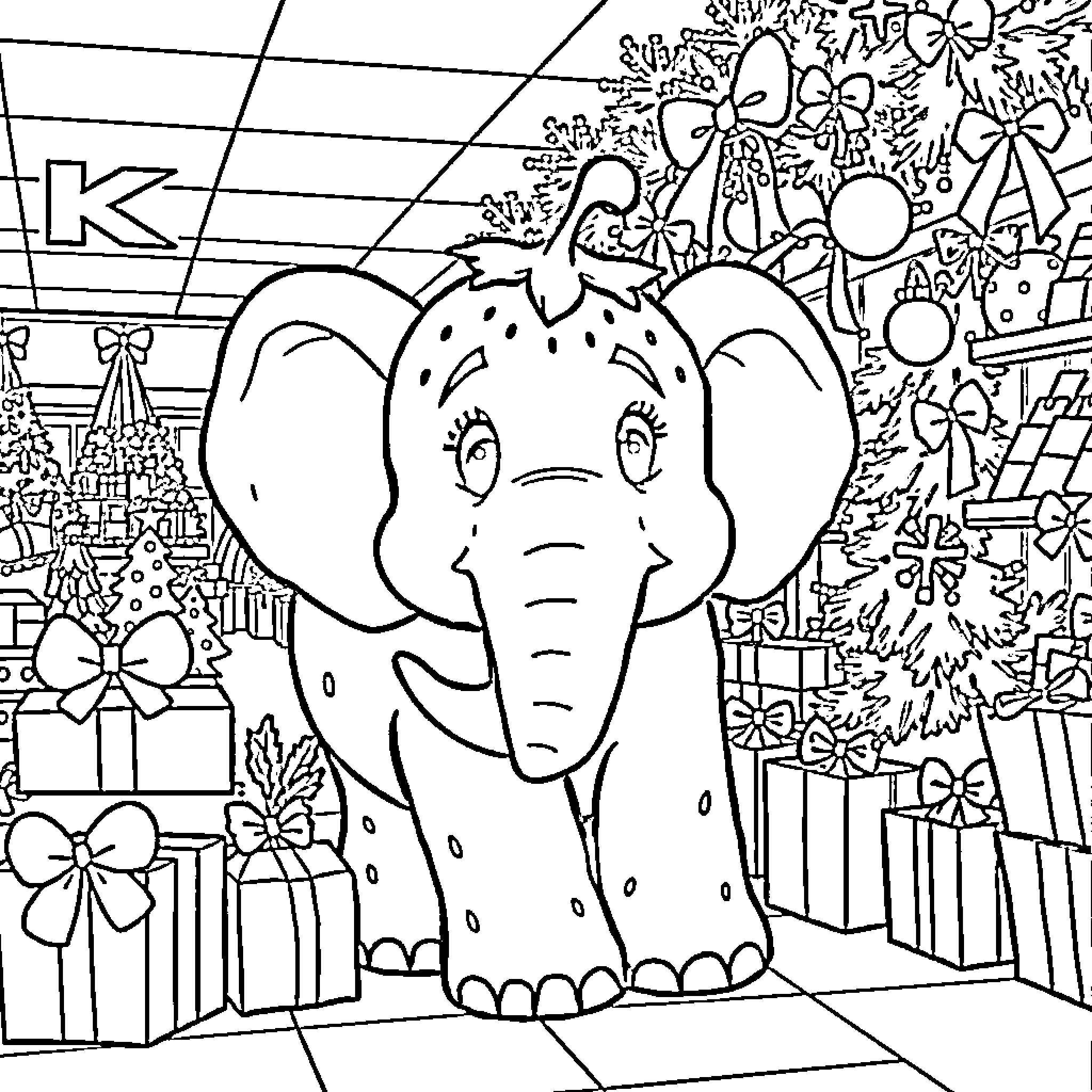 Elephant surrounded by festive decorations Coloring Page (free black-and-white line drawing printable PDF for all, from beginners to advanced learners, including children, teens, adults, and seniors)