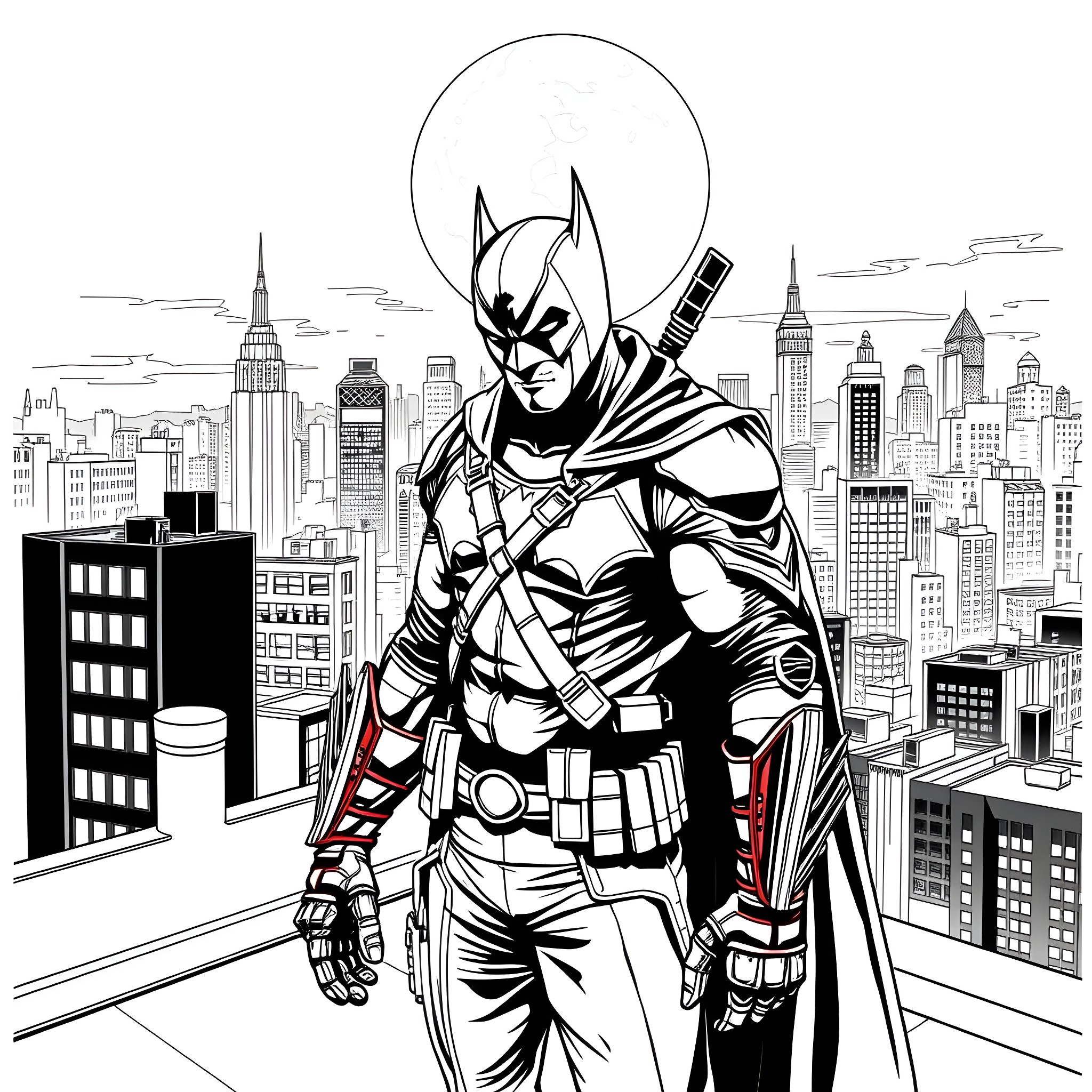 Red Hood's Heroic Stance in the City Skyline Coloring Page (free black-and-white line drawing printable PDF for all, from beginners to advanced learners, including children, teens, adults, and seniors)