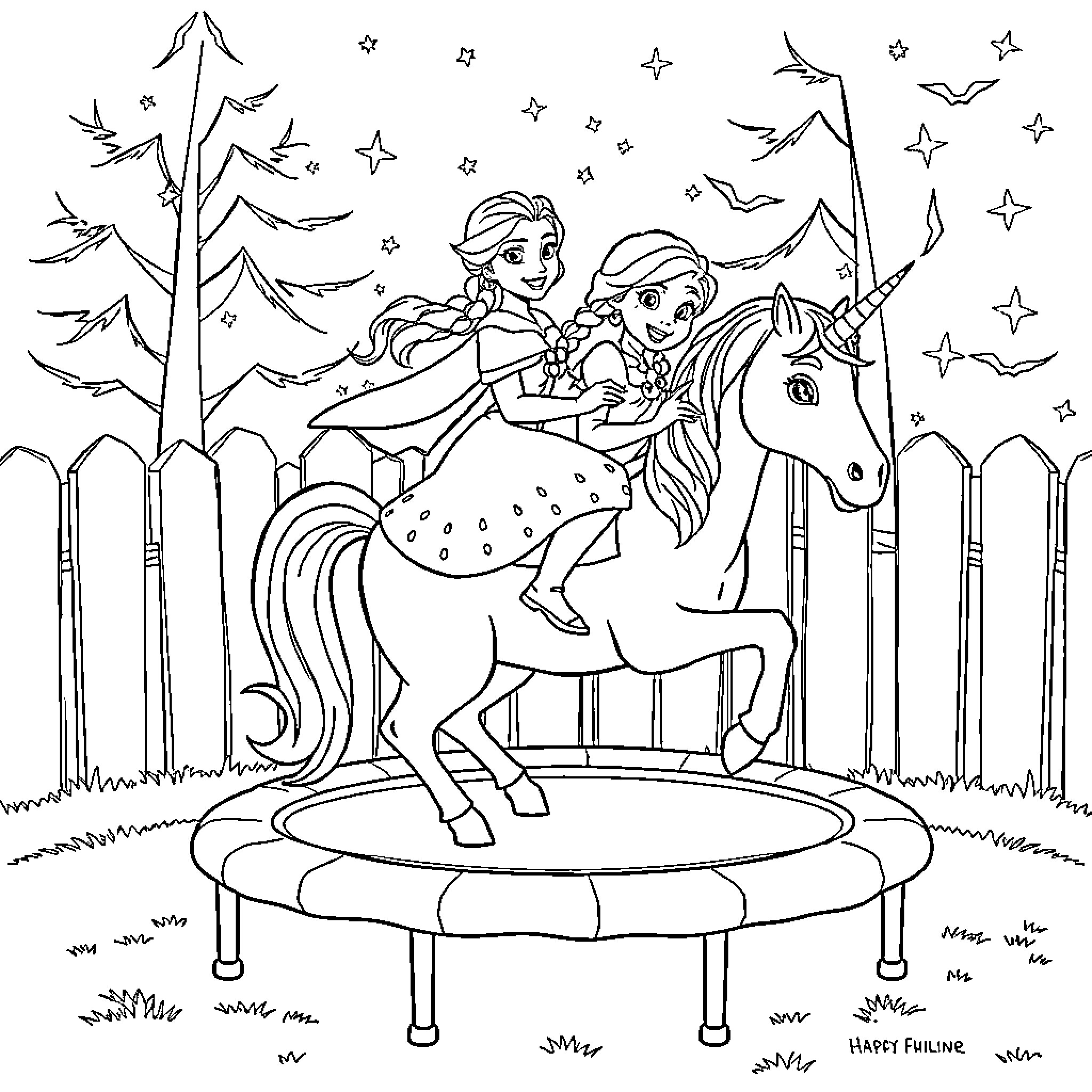 Unicorn carrying two joyful princesses on a trampoline Coloring Page (free black-and-white line drawing printable PDF for all, from beginners to advanced learners, including children, teens, adults, and seniors)