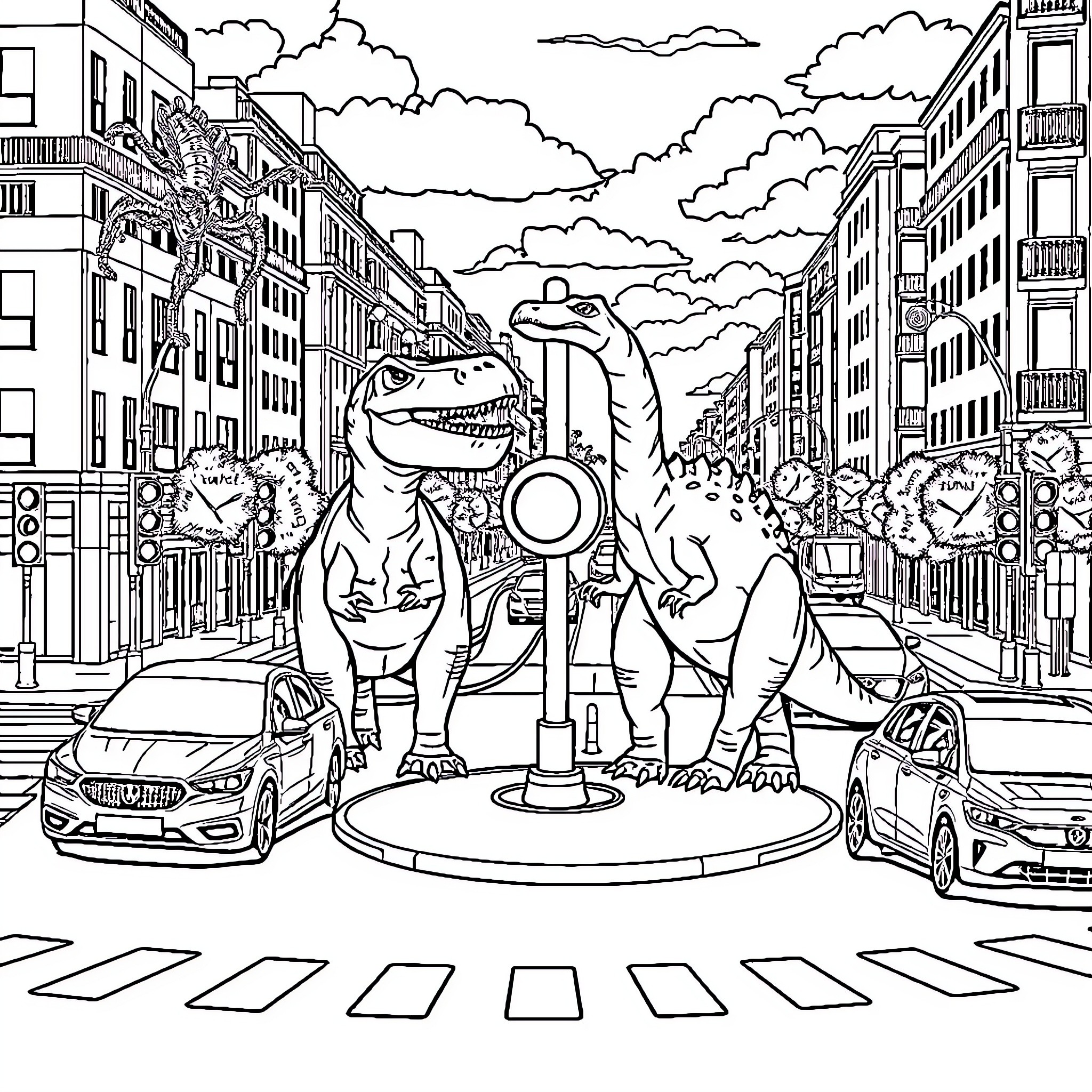 Dinosaur Statues Overlooking a Busy City Street Coloring Page (free black-and-white line drawing printable PDF for all, from beginners to advanced learners, including children, teens, adults, and seniors)