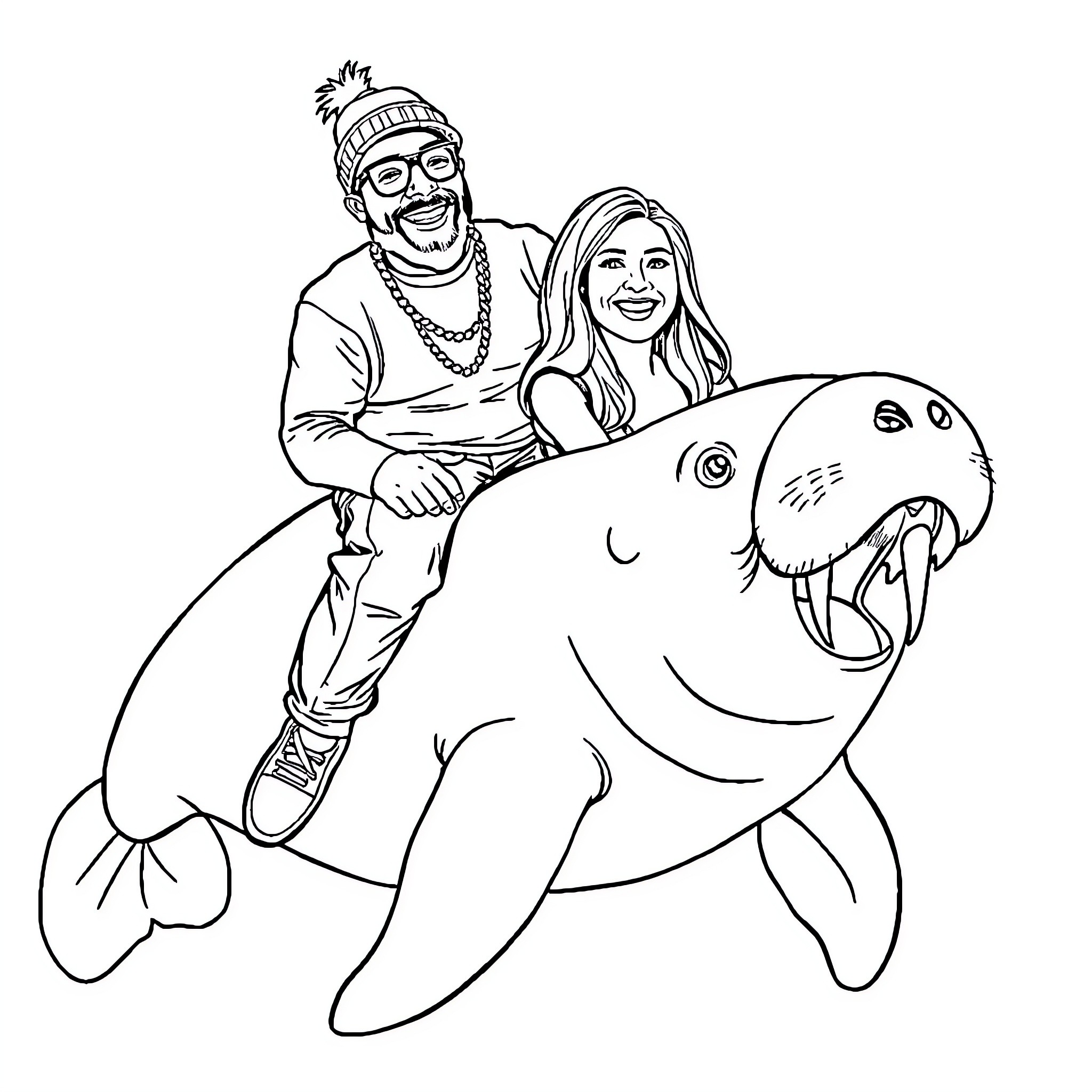 Prof friends pose with big cartoon fish Coloring Page (free black-and-white line drawing printable PDF for all, from beginners to advanced learners, including children, teens, adults, and seniors)
