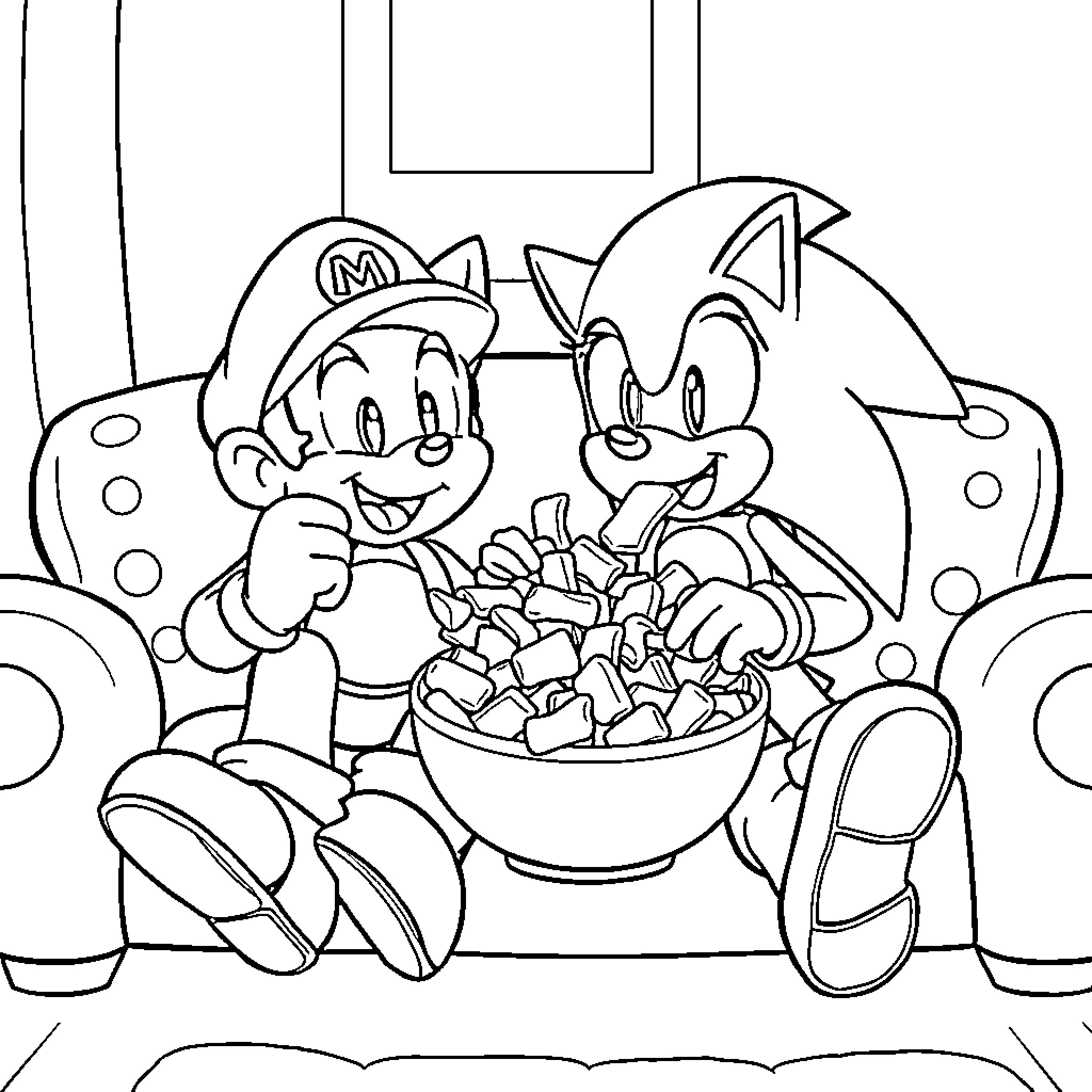 Sonic and friends enjoying a snack together Coloring Page (free black-and-white line drawing printable PDF for all, from beginners to advanced learners, including children, teens, adults, and seniors)
