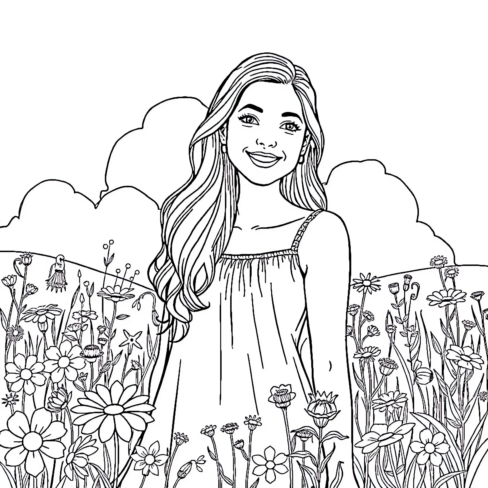 Soprano Surrounded by Whimsical Flowers and Nature Coloring Page (free black-and-white line drawing printable PDF for all, from beginners to advanced learners, including children, teens, adults, and seniors)