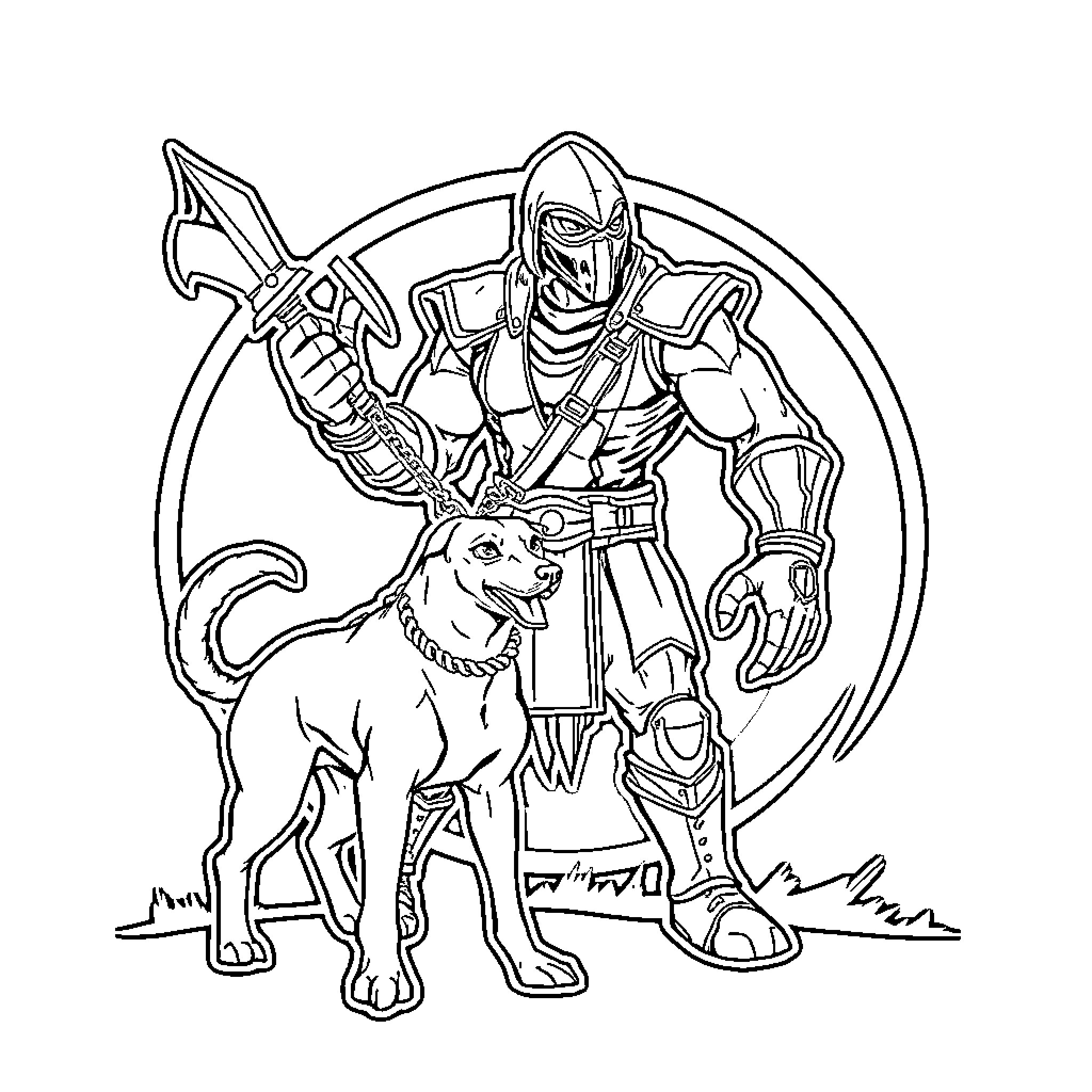 Scorpion warrior and loyal companion Coloring Page (free black-and-white line drawing printable PDF for all, from beginners to advanced learners, including children, teens, adults, and seniors)
