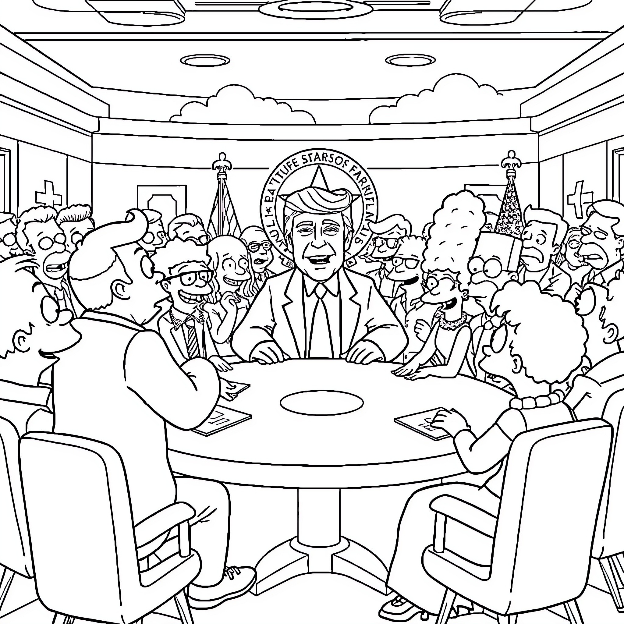 Trump Presiding Over a Crowded Conference Room Coloring Page (free black-and-white line drawing printable PDF for all, from beginners to advanced learners, including children, teens, adults, and seniors)