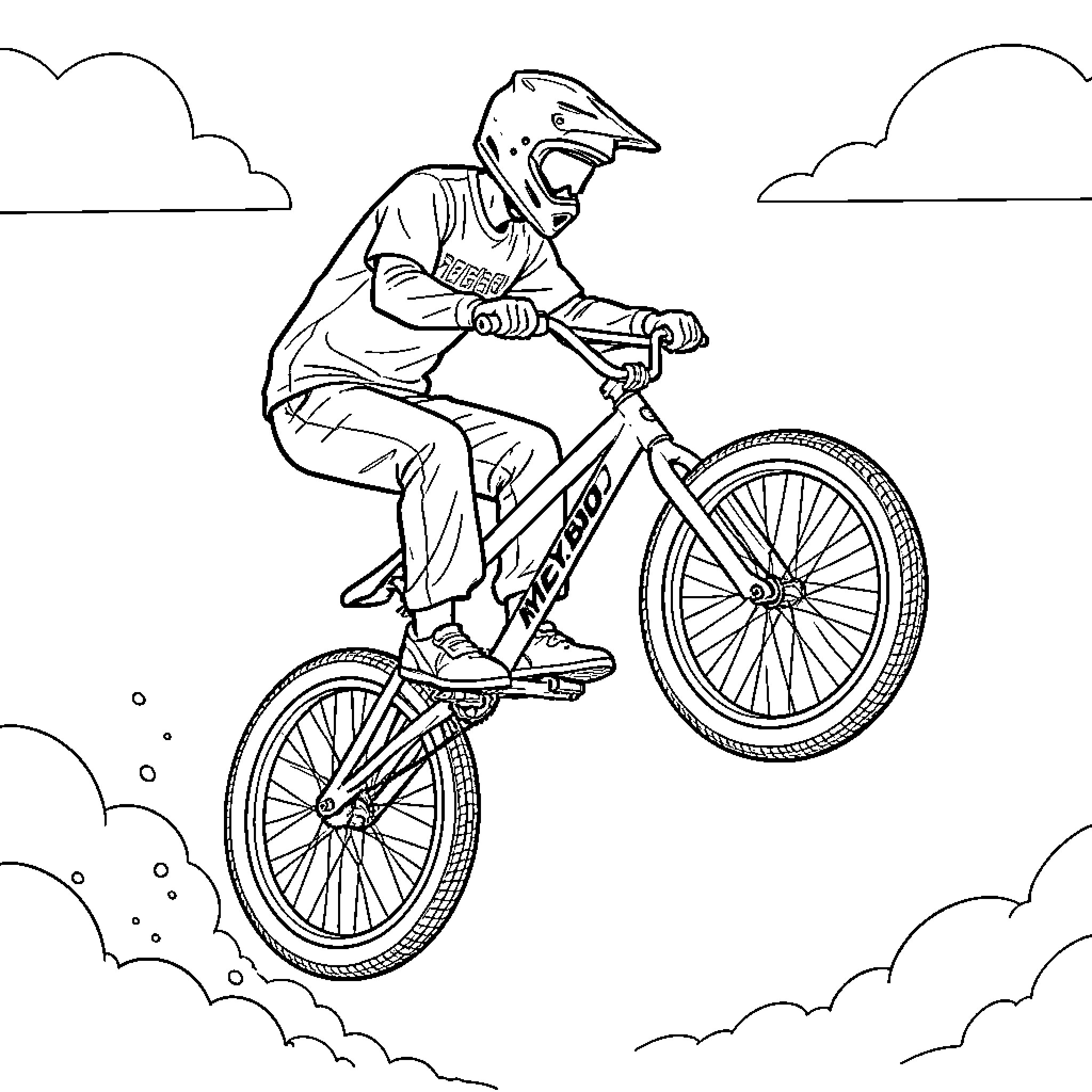 BMX Racer performing a stunt on a bicycle Coloring Page (free black-and-white line drawing printable PDF for all, from beginners to advanced learners, including children, teens, adults, and seniors)