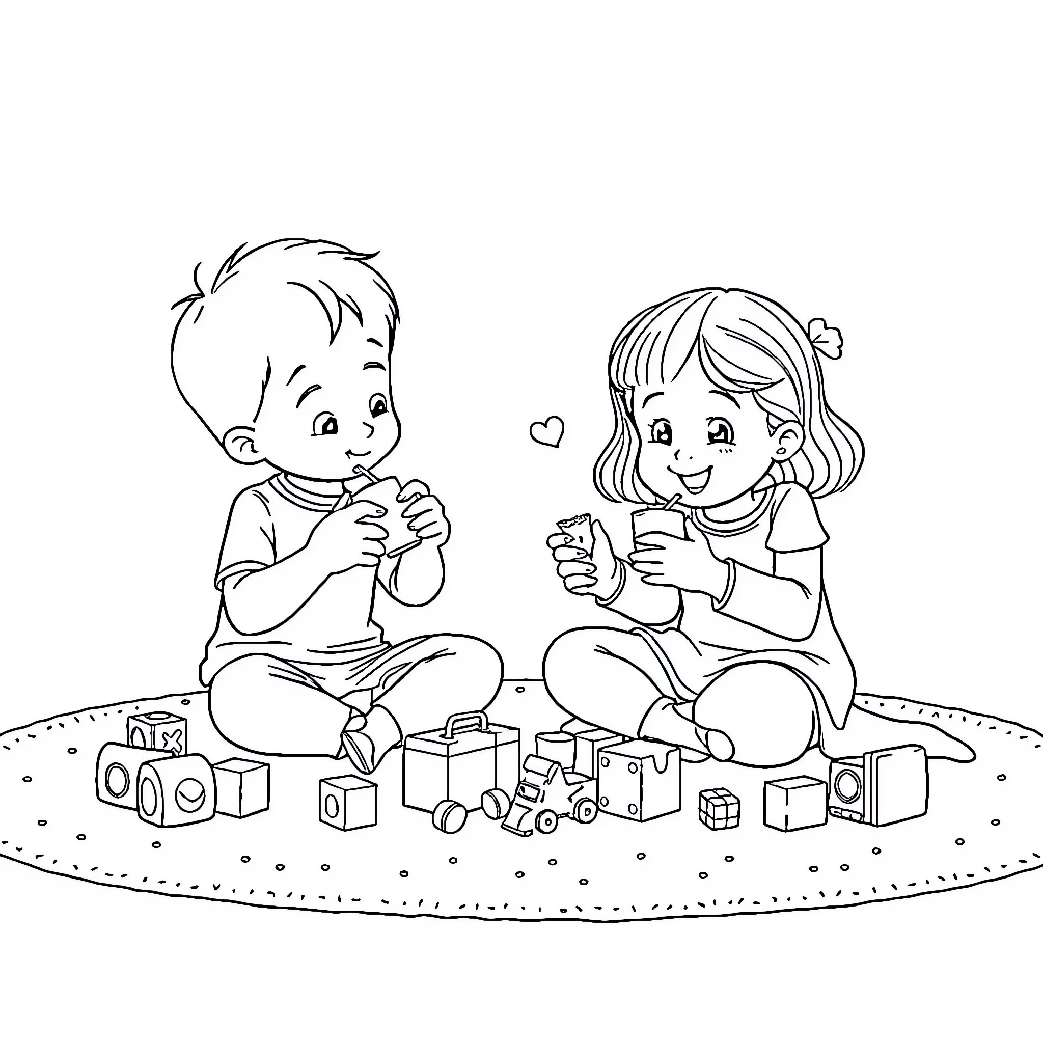 Siblings playing with toys happily on the floor Coloring Page (free black-and-white line drawing printable PDF for all, from beginners to advanced learners, including children, teens, adults, and seniors)