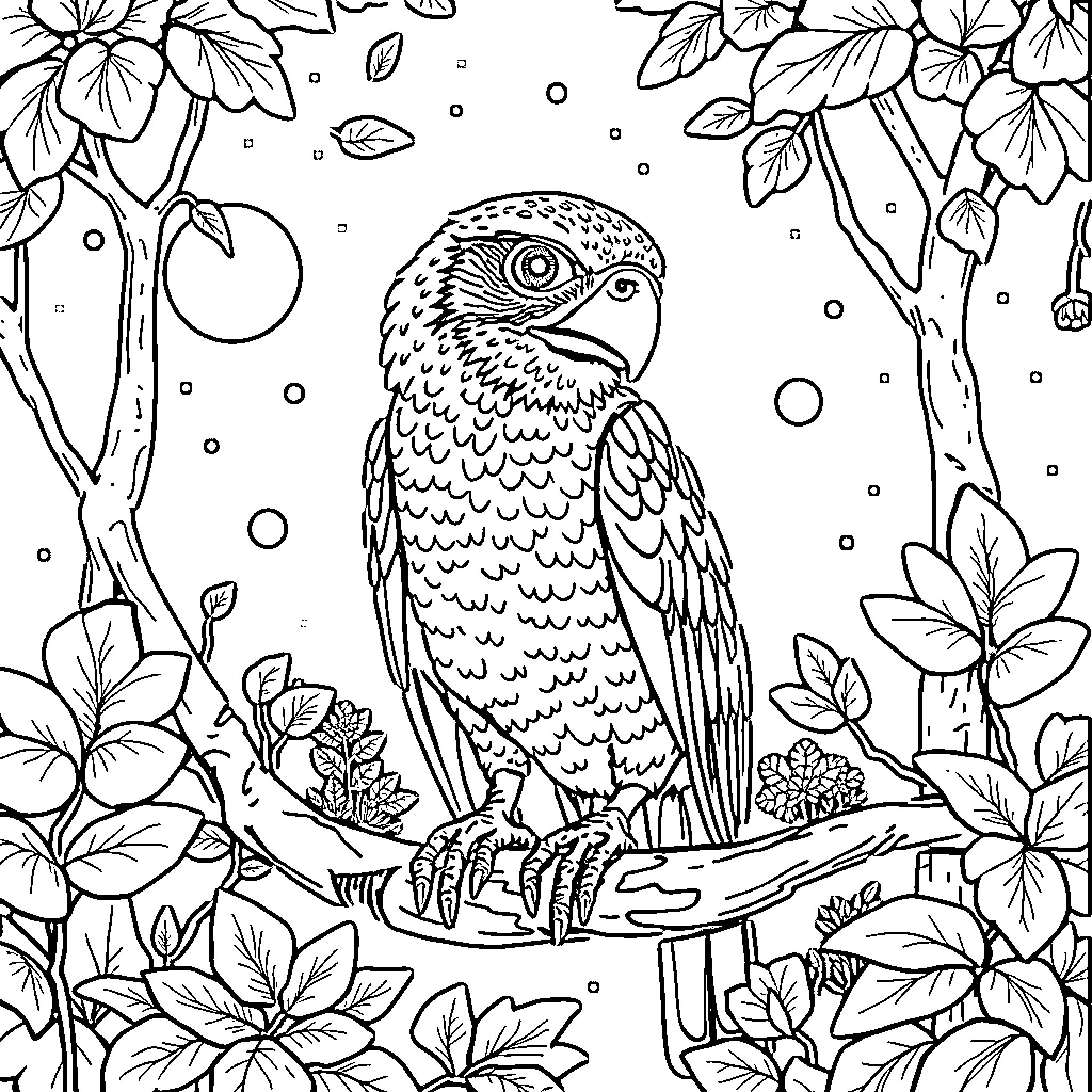 Malucos Parrot in Lush Tropical Foliage Coloring Page (free black-and-white line drawing printable PDF for all, from beginners to advanced learners, including children, teens, adults, and seniors)