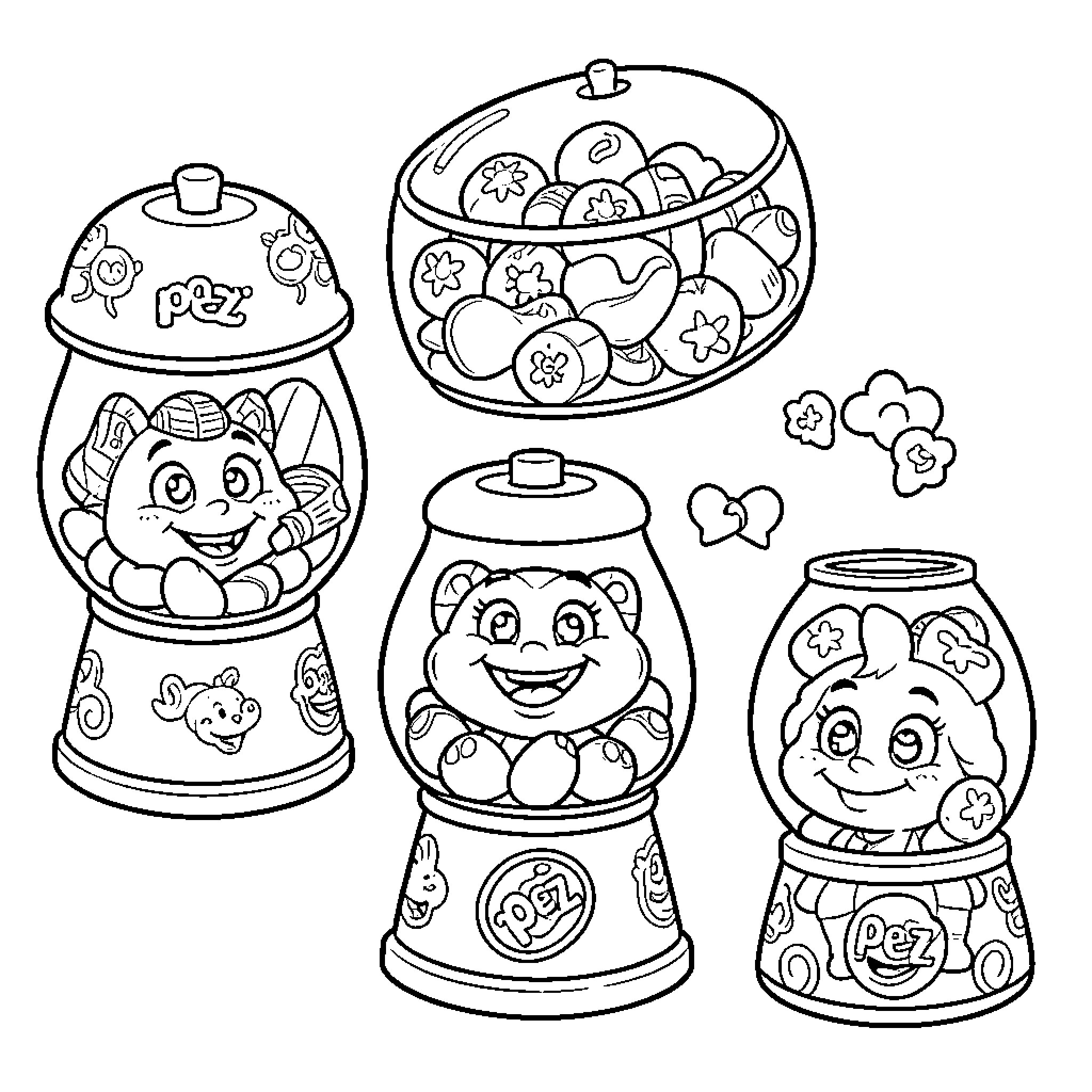 Pez candies in whimsical dispensers Coloring Page (free black-and-white line drawing printable PDF for all, from beginners to advanced learners, including children, teens, adults, and seniors)