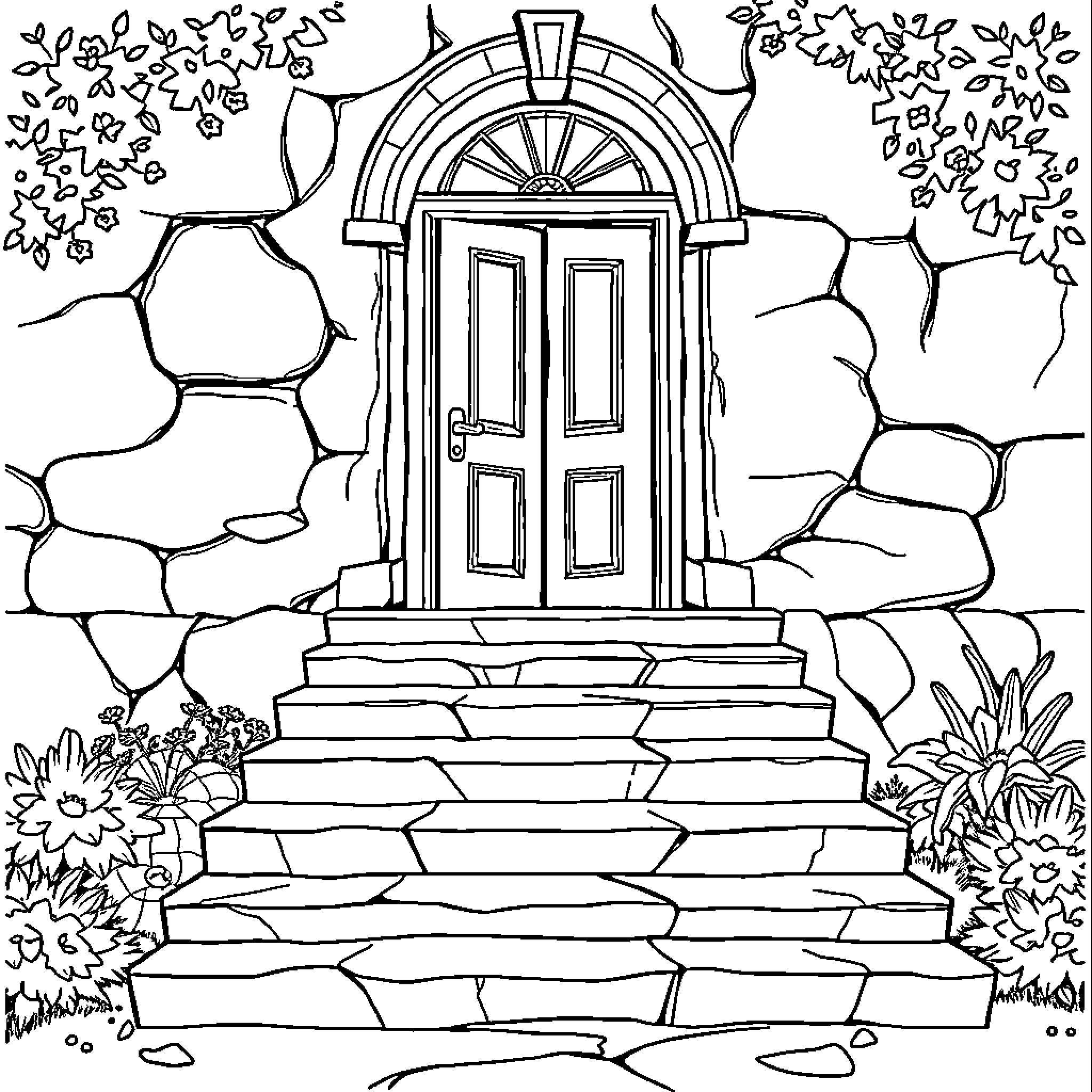 Step through the ornate doorway to a lush garden Coloring Page (free black-and-white line drawing printable PDF for all, from beginners to advanced learners, including children, teens, adults, and seniors)