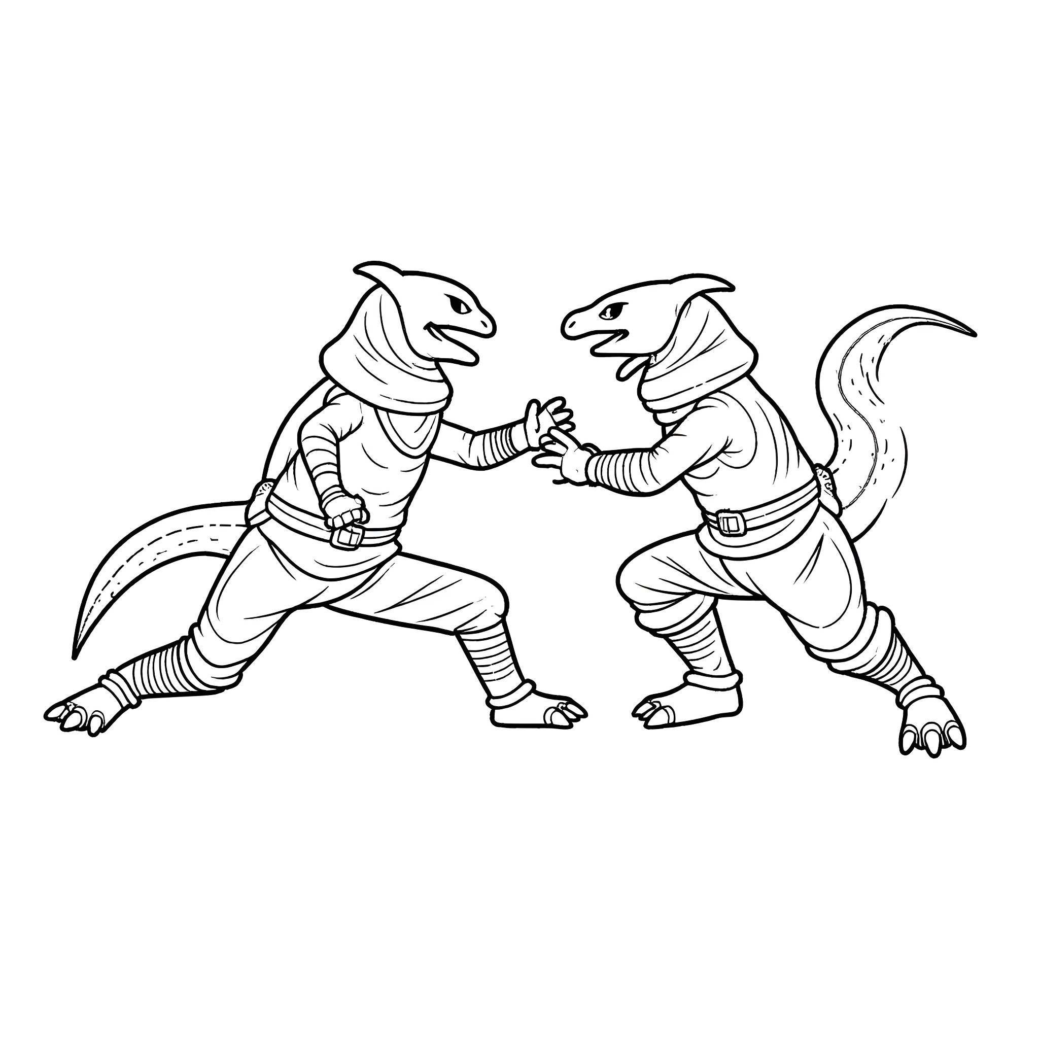 Ninja T-Rex Engaged in Combat Coloring Page (free black-and-white line drawing printable PDF for all, from beginners to advanced learners, including children, teens, adults, and seniors)