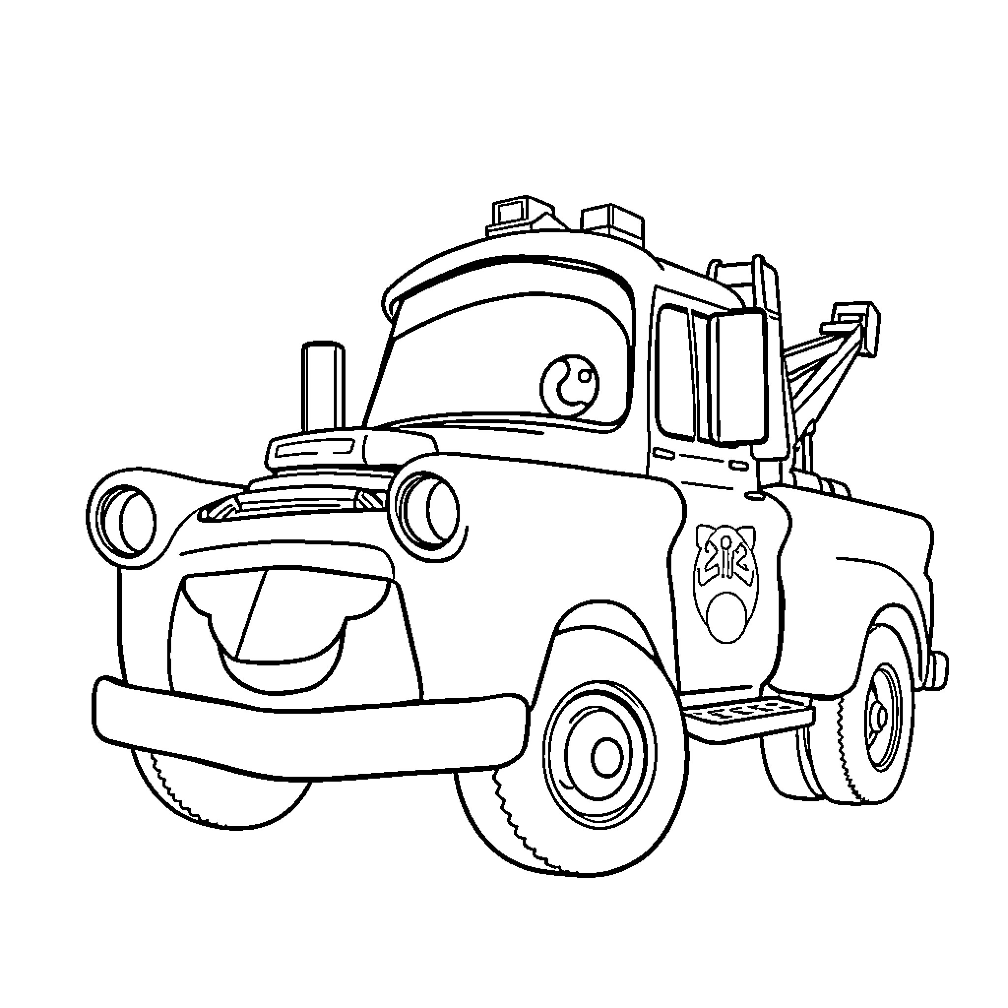 Tow Mater the friendly tow truck on the road Coloring Page (free black-and-white line drawing printable PDF for all, from beginners to advanced learners, including children, teens, adults, and seniors)