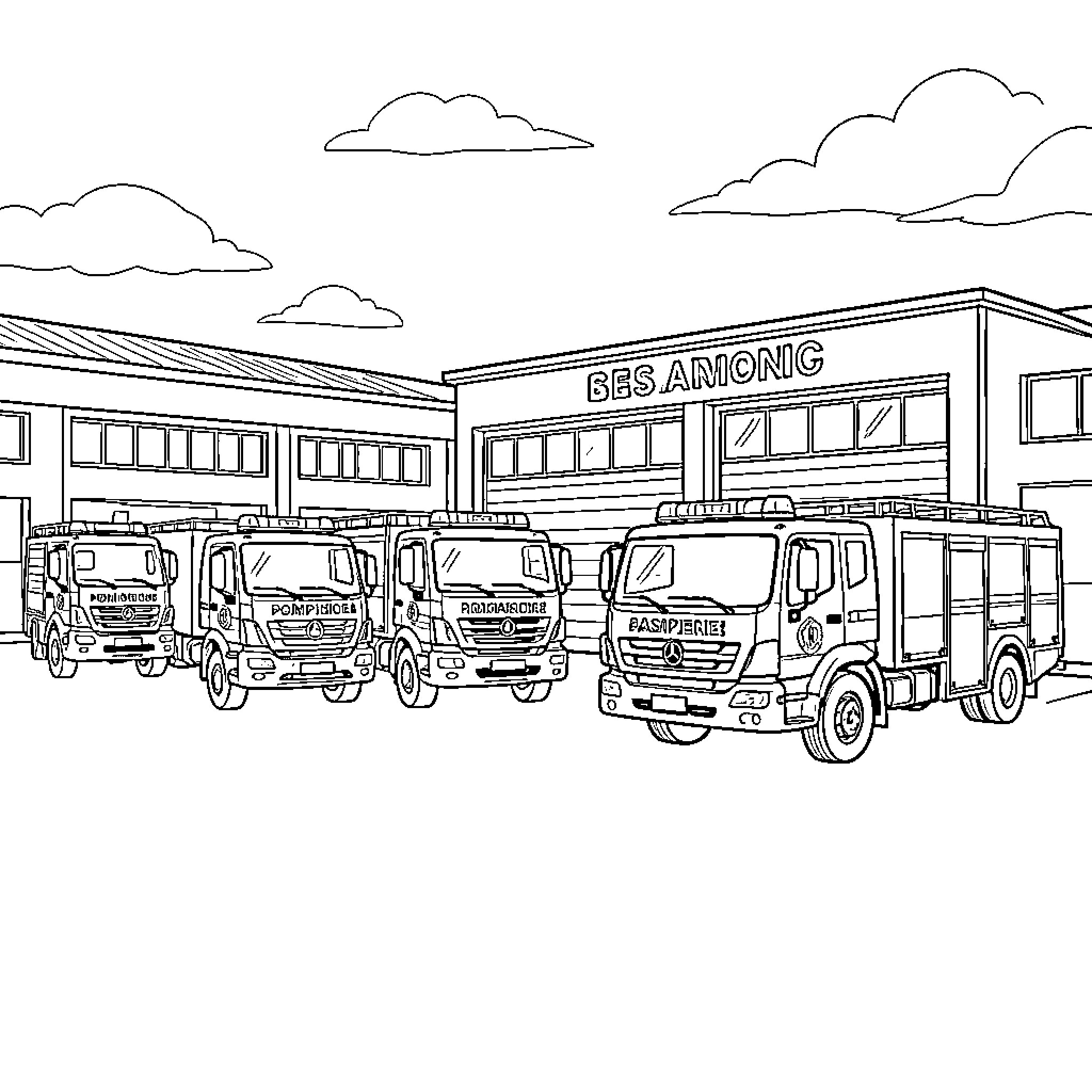 Fire Truck parked in front of a station Coloring Page (free black-and-white line drawing printable PDF for all, from beginners to advanced learners, including children, teens, adults, and seniors)