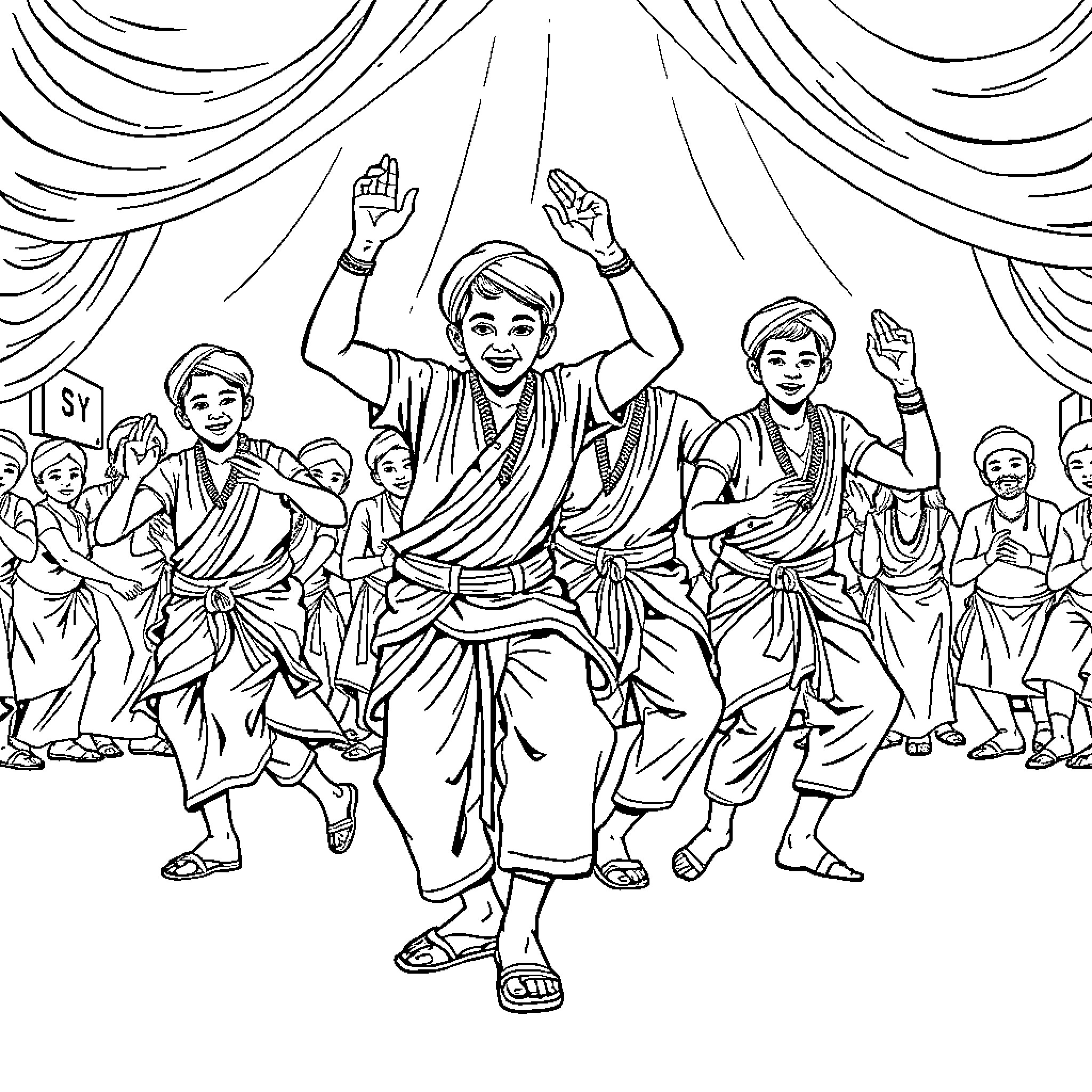 Boys performing traditional dance on stage Coloring Page (free black-and-white line drawing printable PDF for all, from beginners to advanced learners, including children, teens, adults, and seniors)