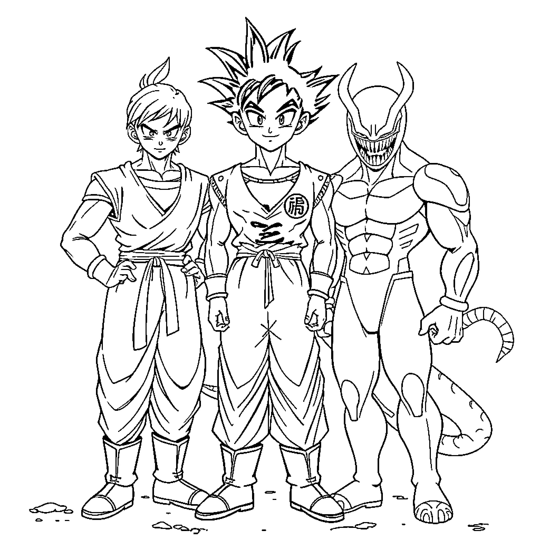 Zenitsu and his Anime Companions in Action Coloring Page (free black-and-white line drawing printable PDF for all, from beginners to advanced learners, including children, teens, adults, and seniors)