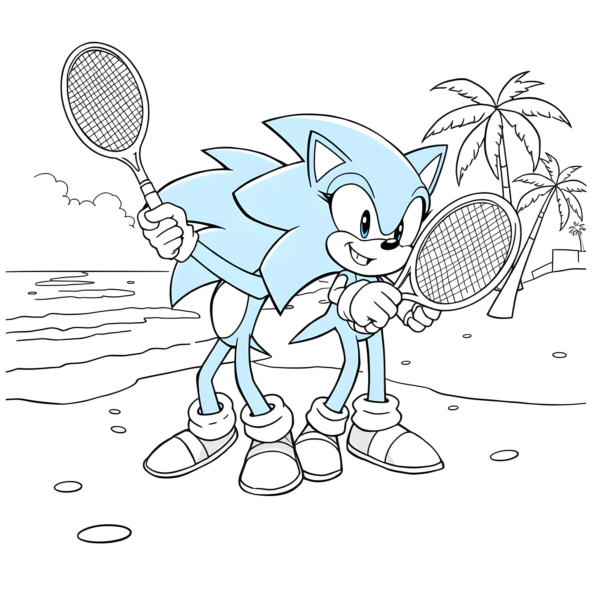 Bluey playing tennis on the beach Coloring Page (free black-and-white line drawing printable PDF for all, from beginners to advanced learners, including children, teens, adults, and seniors)