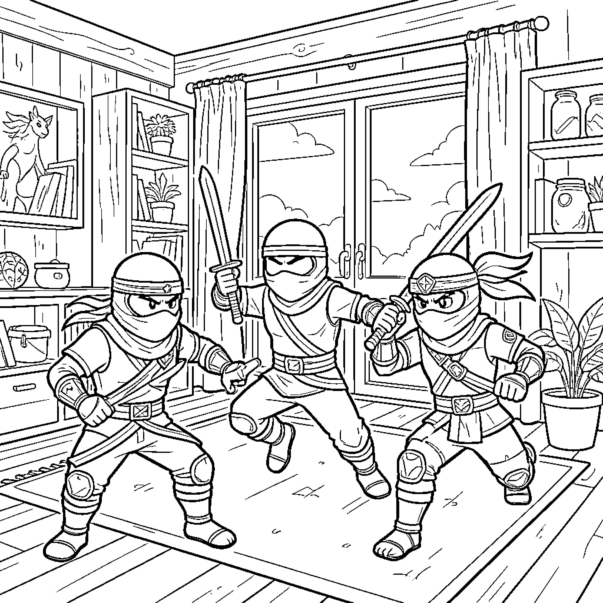 Ninjago ninjas in action at their hideout Coloring Page (free black-and-white line drawing printable PDF for all, from beginners to advanced learners, including children, teens, adults, and seniors)
