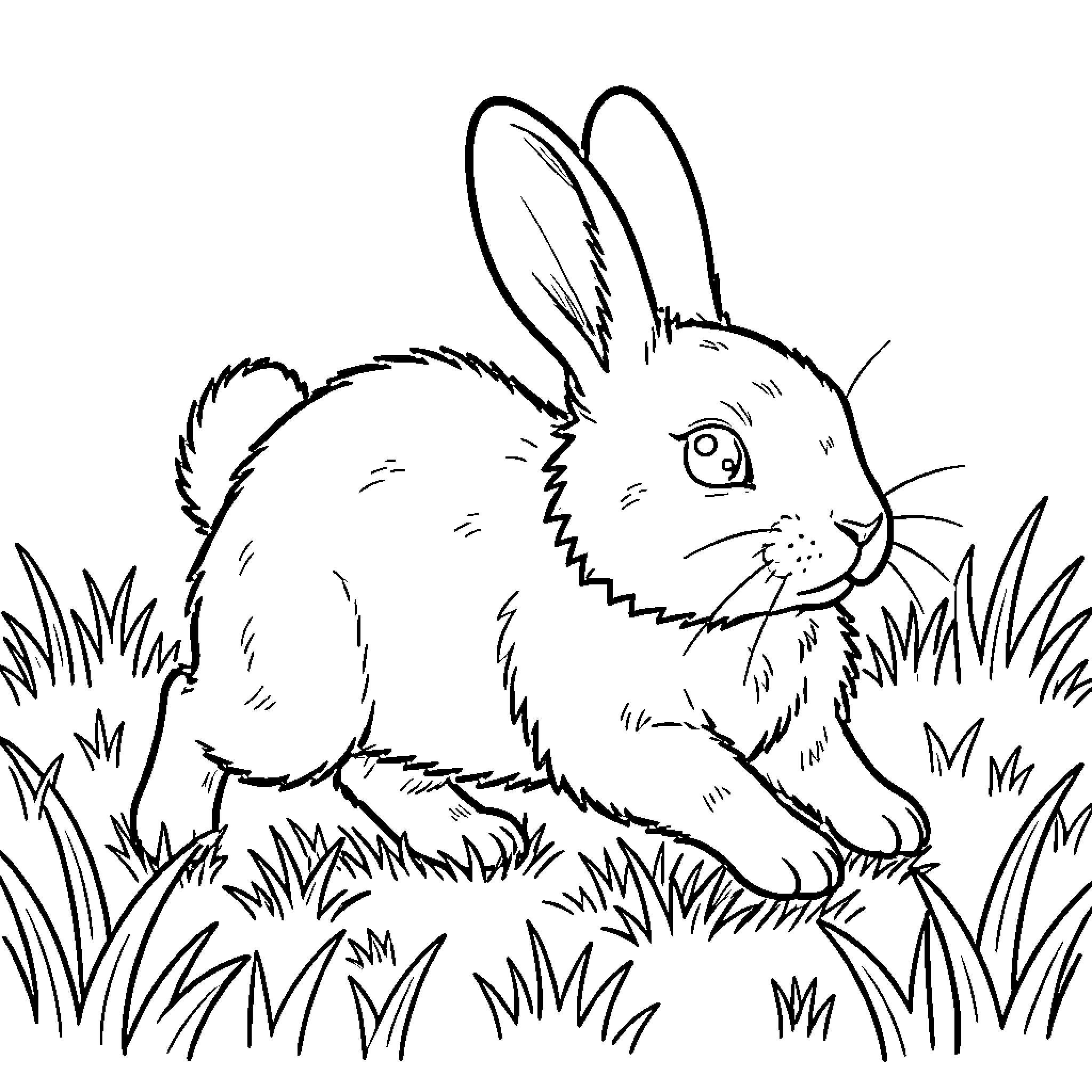 Rabbit hopping in the grassy field Coloring Page (free black-and-white line drawing printable PDF for all, from beginners to advanced learners, including children, teens, adults, and seniors)