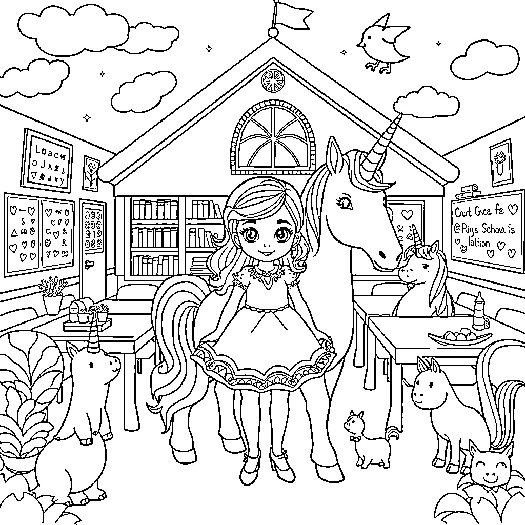 Sofia's Whimsical Unicorn Adventure at the Enchanted School Coloring Page (free black-and-white line drawing printable PDF for all, from beginners to advanced learners, including children, teens, adults, and seniors)