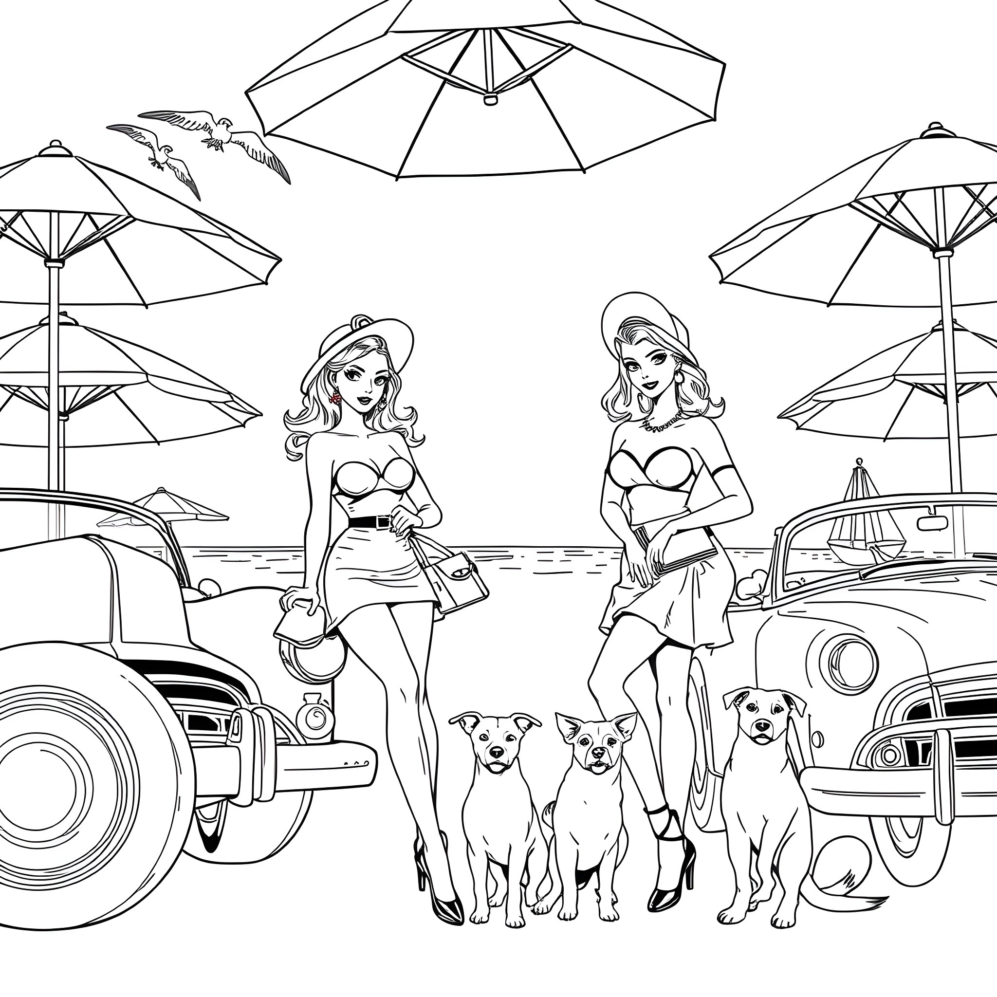 Pinup Girls Enjoying a Beach Day with Their Pets Coloring Page (free black-and-white line drawing printable PDF for all, from beginners to advanced learners, including children, teens, adults, and seniors)
