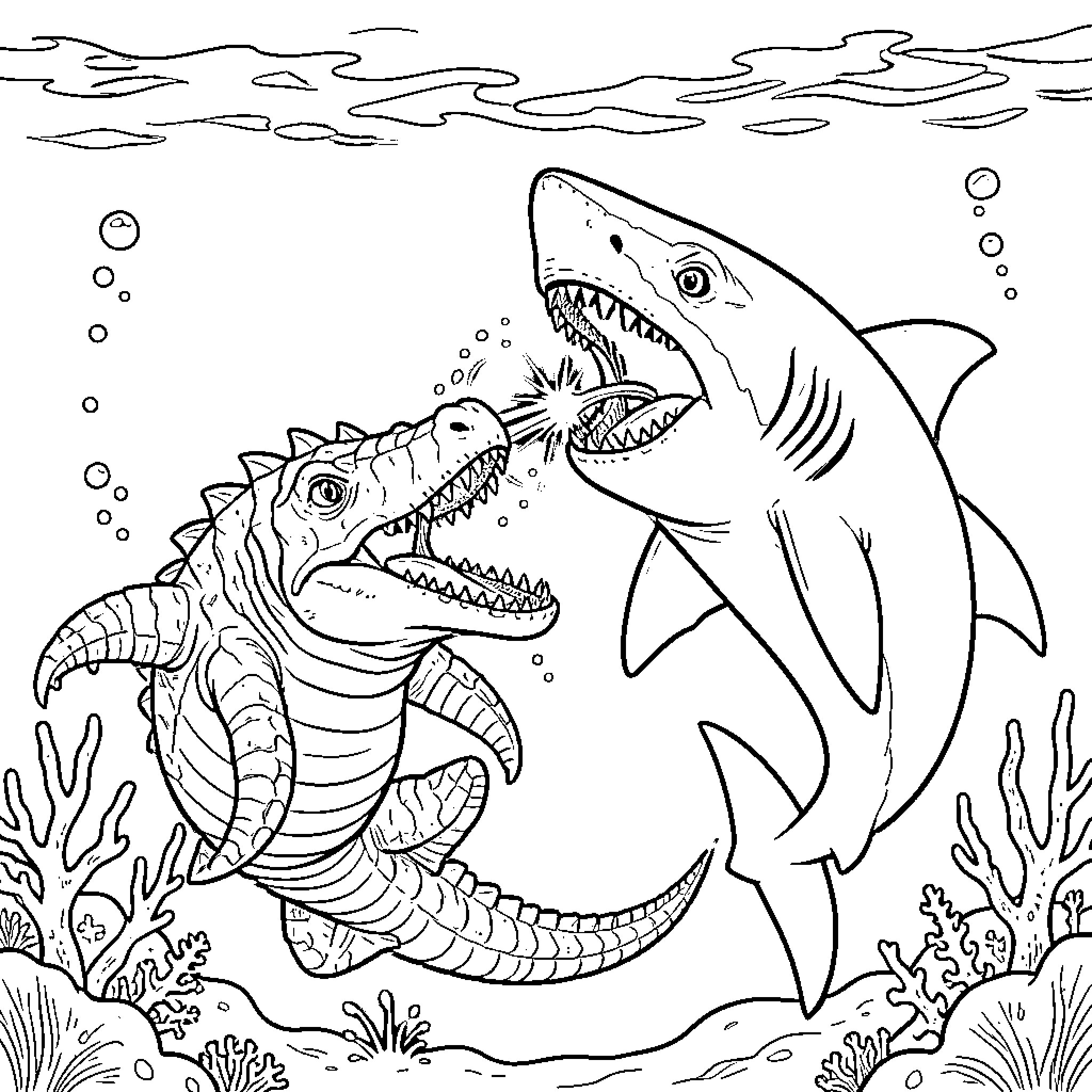Mosasaurus Fighting Prehistoric Creature in Underwater Scene Coloring Page (free black-and-white line drawing printable PDF for all, from beginners to advanced learners, including children, teens, adults, and seniors)