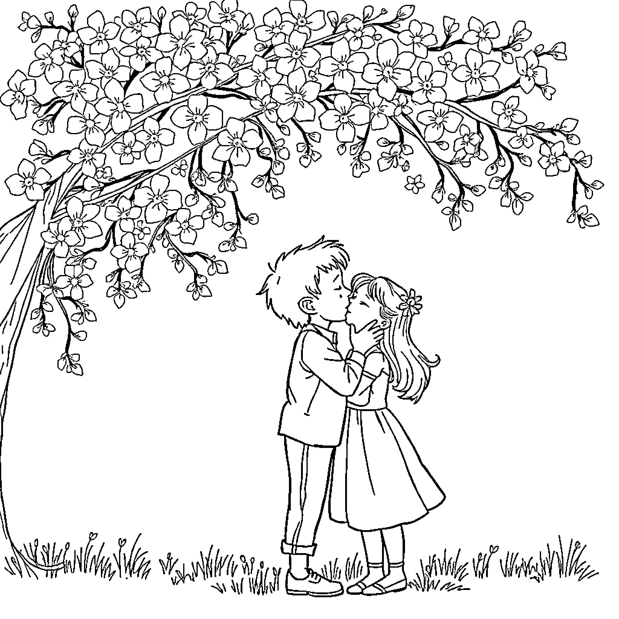 Boy and girl embracing under blossoming tree Coloring Page (free black-and-white line drawing printable PDF for all, from beginners to advanced learners, including children, teens, adults, and seniors)