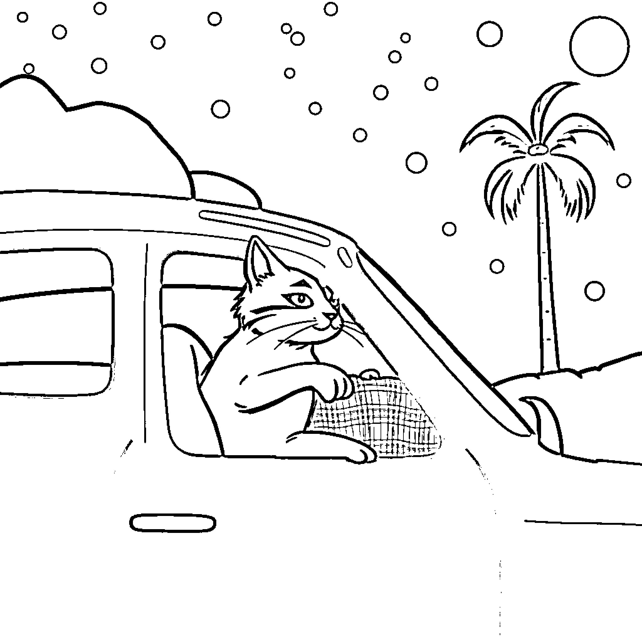 Car Carrying Curious Cat on Road Trip Coloring Page (free black-and-white line drawing printable PDF for all, from beginners to advanced learners, including children, teens, adults, and seniors)