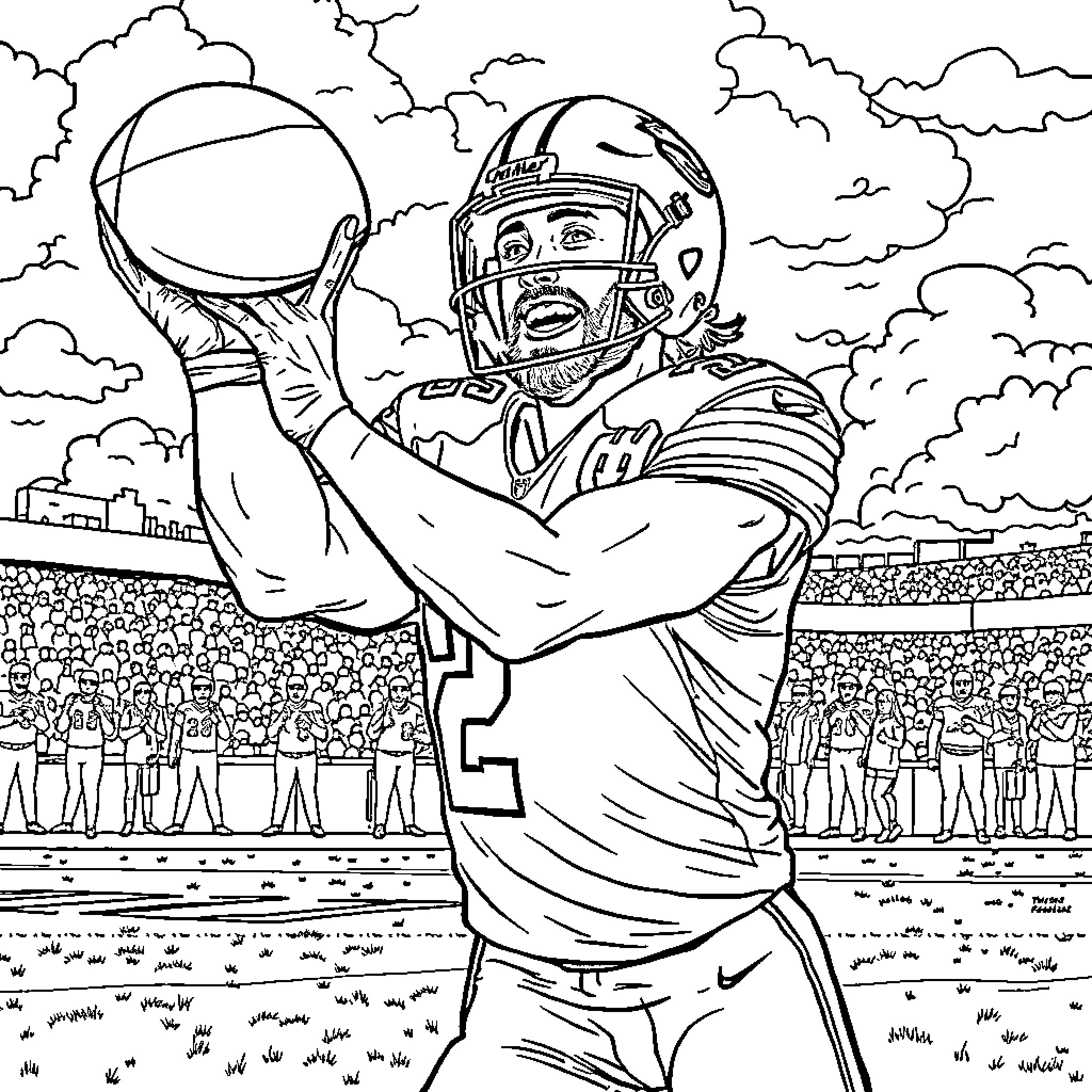 Travis Kelce Celebrating Football Victory Coloring Page (free black-and-white line drawing printable PDF for all, from beginners to advanced learners, including children, teens, adults, and seniors)