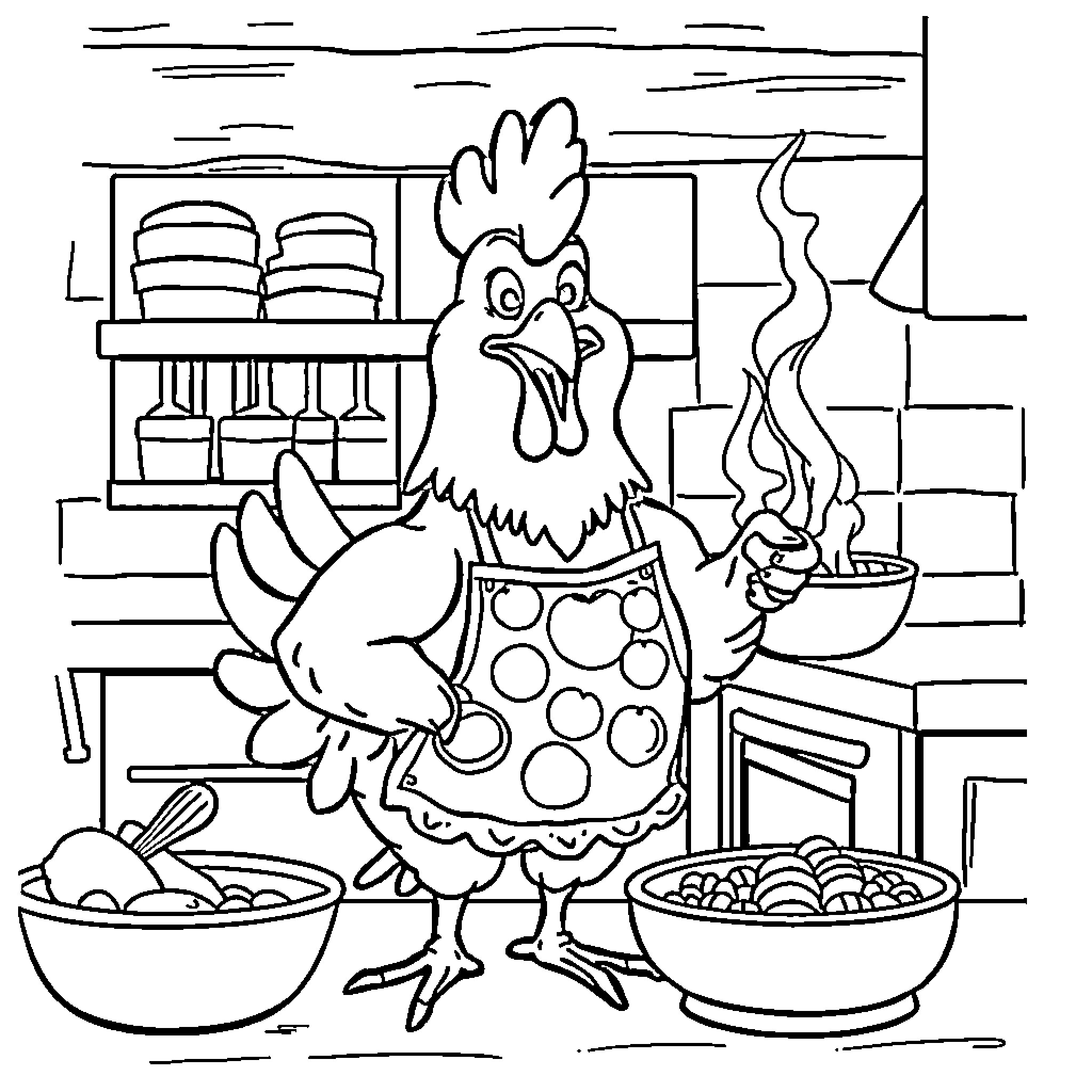 Chicken cooking in the kitchen Coloring Page (free black-and-white line drawing printable PDF for all, from beginners to advanced learners, including children, teens, adults, and seniors)