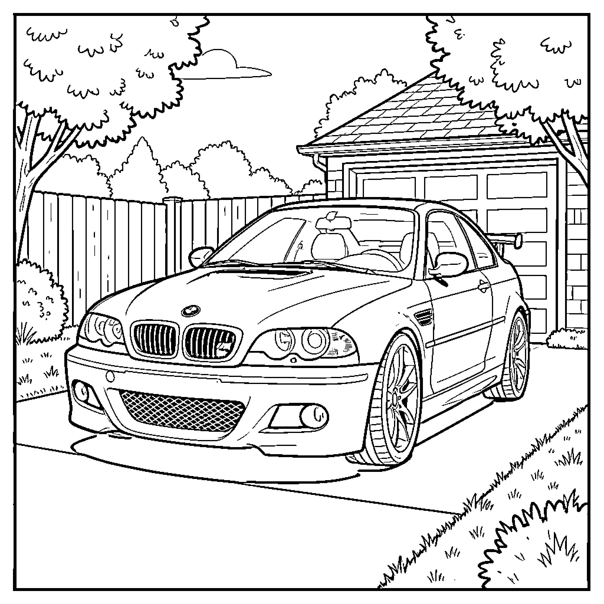 BMW M3 parked in a residential driveway Coloring Page (free black-and-white line drawing printable PDF for all, from beginners to advanced learners, including children, teens, adults, and seniors)